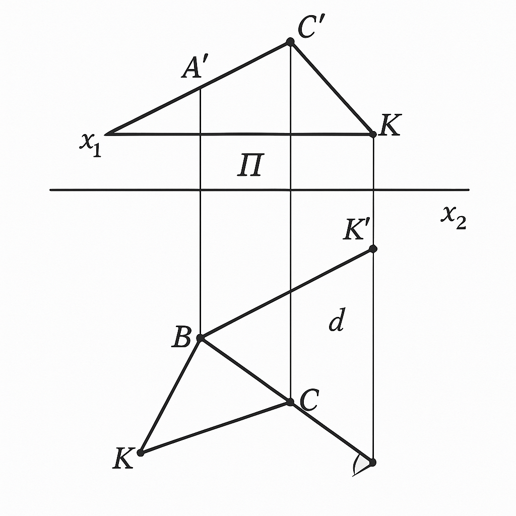 решить первую позиционную задачу с координатами Точка X Y Z A 95 10 80 B 45 60 25 C 0 20 80 K 55 30 0 По заданным координатам точек построить две проекции плоскости общего положения и точки K.
Методом прямоугольного треугольника определить натуральную величину расстояния от точки K до плоскости P(ΔABC). и найти угол сделай чертеж решить первую позиционную задачу с координатами Точка X Y Z A 95 10 80 B 45 60 25 C 0 20 80 K 55 30 0 По заданным координатам точек построить две проекции плоскости общего положения и точки K.
Методом прямоугольного треугольника определить натуральную величину расстояния от точки K до плоскости P(ΔABC). и найти угол сделай чертеж