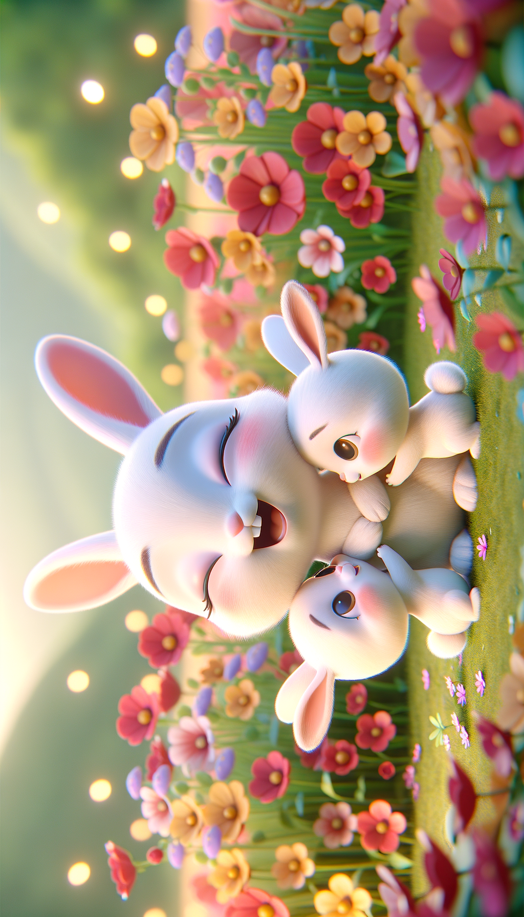 the mother bunny is hugged by the little bunnies and smiling, there is a flower meadow in the background