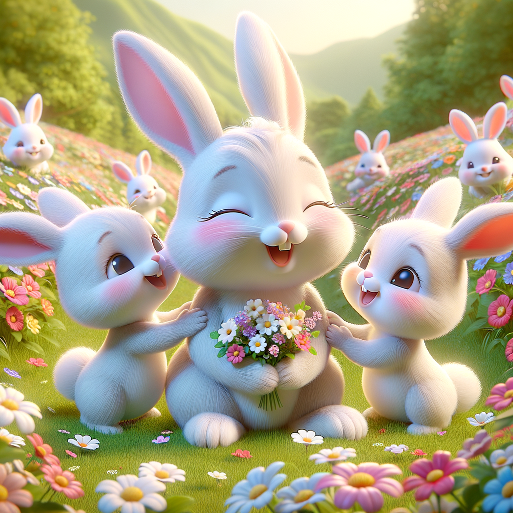 the little bunnies hug the mother bunny and smile and give flowers, in the background there is a flower meadow