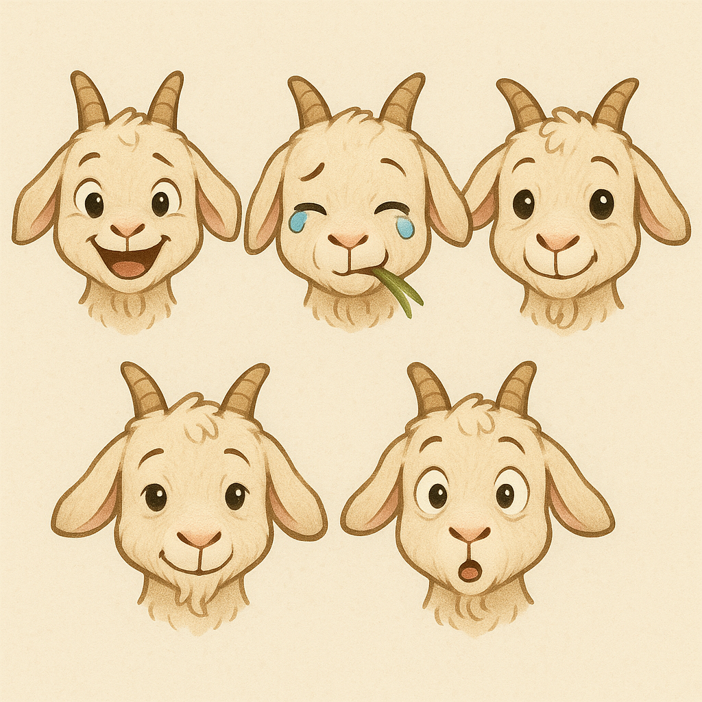 5 мордочек козлят (веселый,плаксу,обжора,трусишка,глупый)
