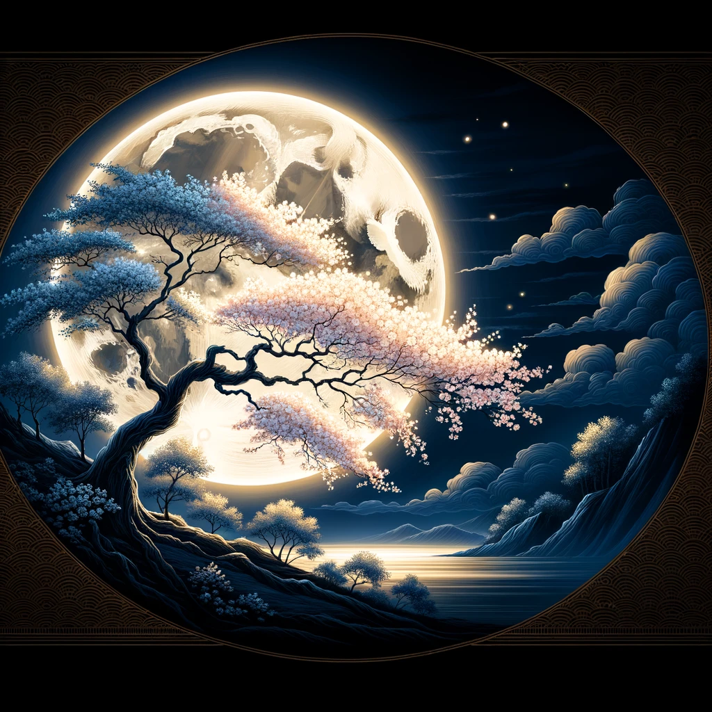 Цветение дерева Сакуры в лунную ночь