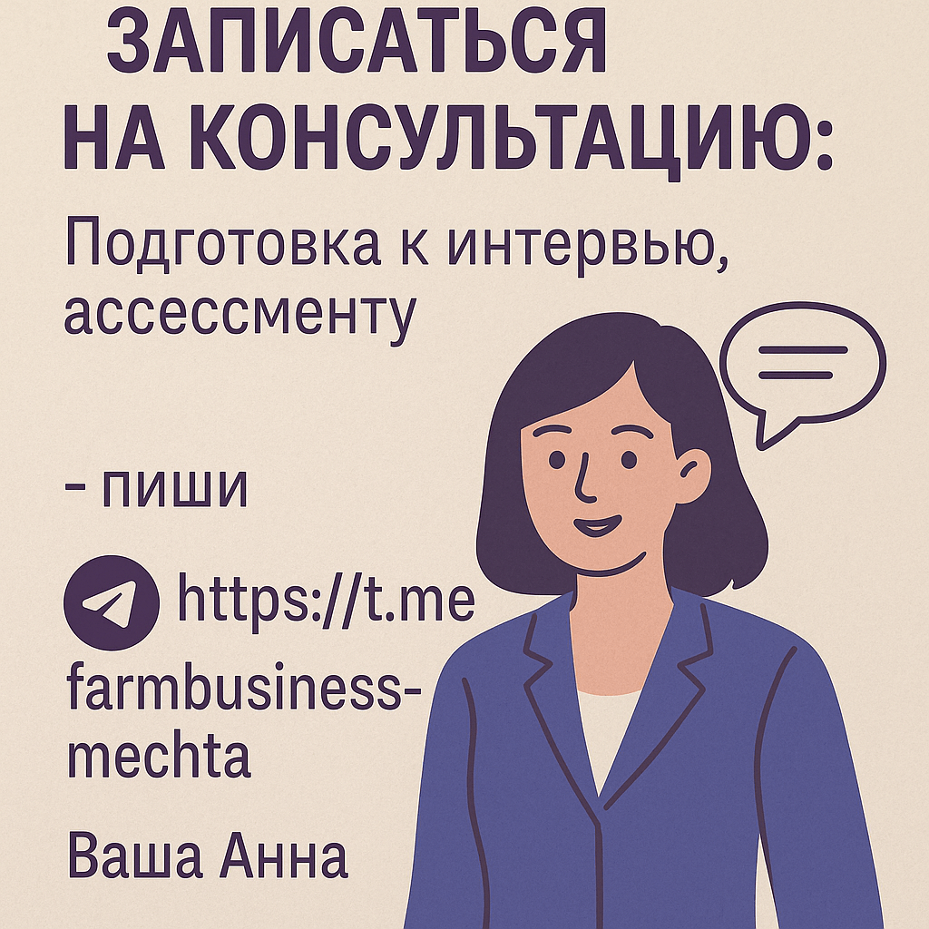 Нарисуй рекламный банер- обьявление
Записаться на консультацию:
Подготовка к интервью, ассессменту - пиши https://t.me/farmbusinessmechta, Ваша Анна Нарисуй рекламный банер- обьявление
Записаться на консультацию:
Подготовка к интервью, ассессменту - пиши https://t.me/farmbusinessmechta, Ваша Анна