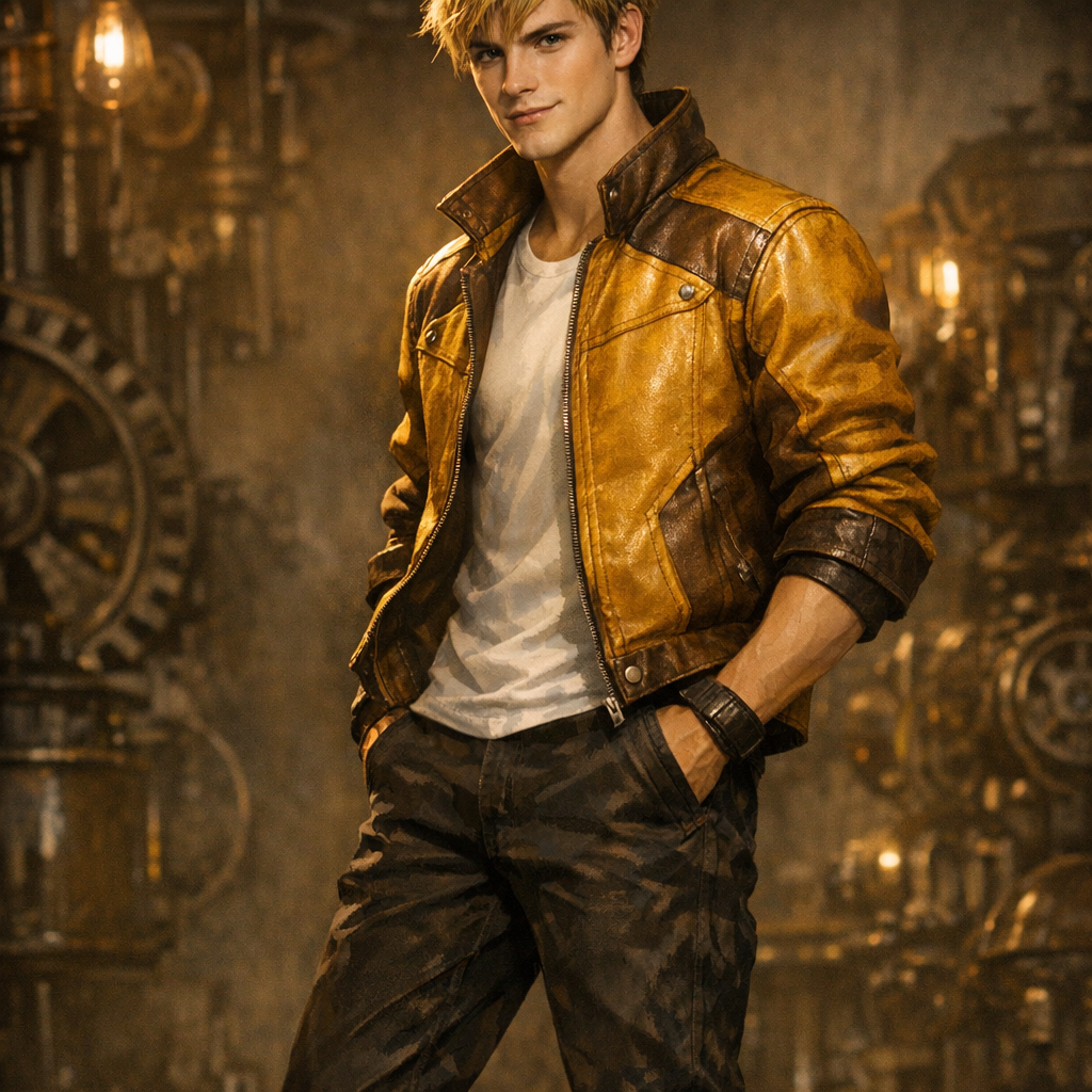 Бамблби, трансформеры прайм. Юноша выглядит примерно на 20-22 года, что соответствует юному статусу персонажа среди автоботов. Он обладает стройным, атлетичным, подтянутым телосложением, что идеально отражает акцент на ловкости и скорости, присущие Бамблби. Особенно примечательны следующие черты, которые хорошо соотносятся с образом персонажа: Тёмно-желтые волосы с немного взъерошенной укладкой выглядят стильно и динамично, что отражает энергичный характер Бамблби. Выразительные черты лица с открытым, располагающим выражением. Четкие линии скул и подбородка говорят о решительности, присущей разведчику, а легкий намек на улыбку в уголках губ выдает его дружелюбную натуру. Жакет горчично-коричневого цвета очень близок к желтой цветовой гамме классического Бамблби, только в более приглушенном, реалистичном варианте. Нежно-белая футболка под жакетом создает приятный контраст и подчеркивает молодежный стиль персонажа, а черные брюки завершают классическую для Бамблби желто-черную цветовую схему. Высокие кроссовки. Поза молодого человека, чуть развернутая в сторону, с руками в карманах, передает ощущение непринужденной уверенности и готовности к действию — черты, которые всегда характеризовали Бамблби.