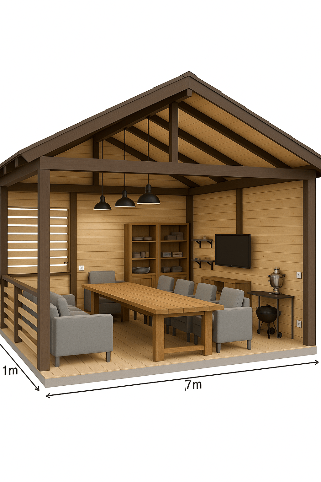 Here's the professional English translation of your gazebo description for 3D visualization, incorporating the key elements and ignoring the unclear file content:
**Task for 3D Visualization: Gazebo Layout & Electrical Planning**
1. **Gazebo Structure:**
* **Dimensions:** 4 meters wide x 7 meters long.
* **Roof:** Gable roof with the ridge beam parallel to the long side (7m). Ridge height = 2.5 meters.
* **Walls:**
* Back wall (7m long) and right side wall (4m long): Solid (fully enclosed).
* Front wall and left side wall: Timber-framed enclosure up to a height of 1 meter.
* **Entrance:** 1-meter wide door opening on the front wall, positioned left of the corner.
2. **Furniture & Elements to Place:**
* **Main Table:** One wooden table (Loft style), 3.5 meters long x 1 meter wide.
* **Seating:** Sofa and armchairs arranged to provide seating for 10-12 people.
* **Storage Areas:** Dedicated spaces for:
* Tableware/Crockery
* Tools/Equipment
* Board games
* Barbecue accessories
* Samovar
* **Electrical Elements (to plan & show):**
* Power outlets
* Light switches
* Lighting fixtures (general, task, ambient)
* Television (location & mounting)
3. **Key Requirements:**
* Develop a functional furniture layout incorporating the large table, ample seating (sofa + armchairs), and sufficient storage.
* Plan the electrical system: determine optimal placement of outlets, switches, various lighting types, and the TV position.
* Accurately model the gazebo structure based on the given dimensions, roof type, and wall enclosures/solid sections.
* *(Note: The content of the attached file '600af97f-f313-41fb-a4b5-57e1e0a597fb.jpeg' appears to contain unrelated technical fragments or potential typos ("Juyn crewar", "Poleau 2x 100 x 100", "0,5 x 0,7", "orbalx1", "orbala", "caricat", "feree", "redet") and cannot be integrated meaningfully into this description. Focus on the clear textual brief provided.)*
**This description provides the 3D artist with all necessary structural, furniture, and electrical planning requirements.**
Here's the precise English translation of your additional specifications:
**Additional Interior Finishes & Materials:**
1. **Floor:**
- Wooden floor in **light beige color**.
2. **Structural Elements:**
- Columns and crossbeams finished in **wenge color** (dark brown-black wood tone).
3. **Walls & Ceiling:**
- Interior wall panels and ceiling treated with **light-toned wood oil** (natural/translucent finish).
- Wall boards installed **horizontally (parallel to the floor)**.
---
### Full Integrated Task for 3D Artist:
**Gazebo Structure & Finishes:**
- Dimensions: 4m (width) × 7m (length).
- Gable roof (ridge parallel to 7m side; ridge height: 2.5m).
- **Walls:**
- Back (7m) + Right side (4m): Solid (fully enclosed).
- Front + Left side: Timber-framed to 1m height.
- Door: 1m-wide entrance on front wall, left of corner.
- **Interior Finishes:**
- Floor: Light beige wood.
- Columns/crossbeams: Wenge color.
- Walls/ceiling: Light oil-treated wood; wall boards installed *horizontally*.
**Furniture & Electrical Requirements:**
- Table: 3.5m × 1m loft-style wooden table.
- Seating: Sofa + armchairs (10–12 seats).
- Storage: Dedicated zones for dishes, tools, games, BBQ gear, samovar.
- Electrical: Plan outlets, switches, layered lighting, and TV placement.
*(Note: Unclear terms from the JPEG file (e.g., "Poleau 2x 100x100", "orbalx1") remain excluded as they lack context.)*
This ensures all aesthetic and functional details are accurately conveyed for visualization. Here's the professional English translation of your gazebo description for 3D visualization, incorporating the key elements and ignoring the unclear file content:
**Task for 3D Visualization: Gazebo Layout & Electrical Planning**
1. **Gazebo Structure:**
* **Dimensions:** 4 meters wide x 7 meters long.
* **Roof:** Gable roof with the ridge beam parallel to the long side (7m). Ridge height = 2.5 meters.
* **Walls:**
* Back wall (7m long) and right side wall (4m long): Solid (fully enclosed).
* Front wall and left side wall: Timber-framed enclosure up to a height of 1 meter.
* **Entrance:** 1-meter wide door opening on the front wall, positioned left of the corner.
2. **Furniture & Elements to Place:**
* **Main Table:** One wooden table (Loft style), 3.5 meters long x 1 meter wide.
* **Seating:** Sofa and armchairs arranged to provide seating for 10-12 people.
* **Storage Areas:** Dedicated spaces for:
* Tableware/Crockery
* Tools/Equipment
* Board games
* Barbecue accessories
* Samovar
* **Electrical Elements (to plan & show):**
* Power outlets
* Light switches
* Lighting fixtures (general, task, ambient)
* Television (location & mounting)
3. **Key Requirements:**
* Develop a functional furniture layout incorporating the large table, ample seating (sofa + armchairs), and sufficient storage.
* Plan the electrical system: determine optimal placement of outlets, switches, various lighting types, and the TV position.
* Accurately model the gazebo structure based on the given dimensions, roof type, and wall enclosures/solid sections.
* *(Note: The content of the attached file '600af97f-f313-41fb-a4b5-57e1e0a597fb.jpeg' appears to contain unrelated technical fragments or potential typos ("Juyn crewar", "Poleau 2x 100 x 100", "0,5 x 0,7", "orbalx1", "orbala", "caricat", "feree", "redet") and cannot be integrated meaningfully into this description. Focus on the clear textual brief provided.)*
**This description provides the 3D artist with all necessary structural, furniture, and electrical planning requirements.**
Here's the precise English translation of your additional specifications:
**Additional Interior Finishes & Materials:**
1. **Floor:**
- Wooden floor in **light beige color**.
2. **Structural Elements:**
- Columns and crossbeams finished in **wenge color** (dark brown-black wood tone).
3. **Walls & Ceiling:**
- Interior wall panels and ceiling treated with **light-toned wood oil** (natural/translucent finish).
- Wall boards installed **horizontally (parallel to the floor)**.
---
### Full Integrated Task for 3D Artist:
**Gazebo Structure & Finishes:**
- Dimensions: 4m (width) × 7m (length).
- Gable roof (ridge parallel to 7m side; ridge height: 2.5m).
- **Walls:**
- Back (7m) + Right side (4m): Solid (fully enclosed).
- Front + Left side: Timber-framed to 1m height.
- Door: 1m-wide entrance on front wall, left of corner.
- **Interior Finishes:**
- Floor: Light beige wood.
- Columns/crossbeams: Wenge color.
- Walls/ceiling: Light oil-treated wood; wall boards installed *horizontally*.
**Furniture & Electrical Requirements:**
- Table: 3.5m × 1m loft-style wooden table.
- Seating: Sofa + armchairs (10–12 seats).
- Storage: Dedicated zones for dishes, tools, games, BBQ gear, samovar.
- Electrical: Plan outlets, switches, layered lighting, and TV placement.
*(Note: Unclear terms from the JPEG file (e.g., "Poleau 2x 100x100", "orbalx1") remain excluded as they lack context.)*
This ensures all aesthetic and functional details are accurately conveyed for visualization.