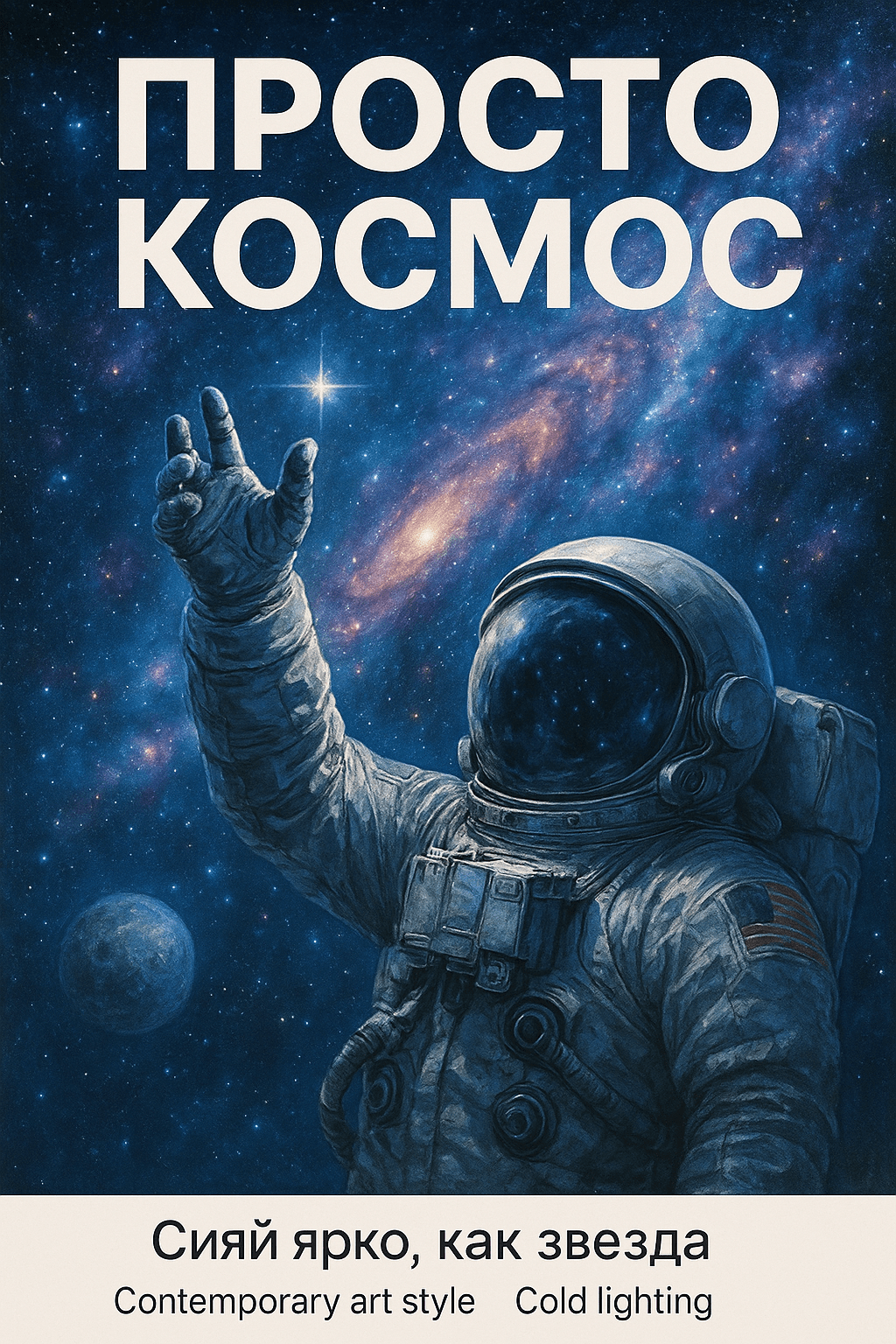 Гиперреализм 
Фон: фантастическая галактика с космонавтом, который тянет руку в вверх, над ним надпись Просто Космос

Снизу карточки мелким шрифтом написать: «Сияй ярко, как звезда»