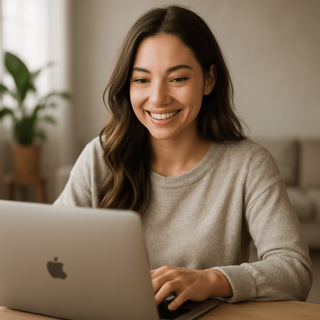 красивая довольная девушка работает за ноутбуком реалистичное фото