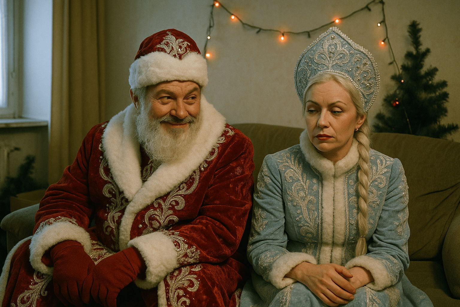 Middle-aged Russian actors Anton Vasilyev and Elena Nikolaeva in roles of Ded Moroz and Snegurochka, wearing luxurious, intricately embroidered costumes, sit on a plush couch in a slightly messy apartment after an argument. Anton (Ded Moroz) has an artificial- white beard (high-quality faux fur or silicone), and he glances at Elena (Snegurochka) with a mischievous smirk and a playful twinkle in his eye. She avoids eye contact, her face showing mixed emotions—resentment, sadness, but also lingering affection. Her makeup is elegant and slightly dramatic (red lips, winged eyeliner), emphasizing her beauty for her age, though her white pigtails is slightly disheveled from the day's work. The room is dimly lit by cold winter light from a large window, contrasting with warm light of garland hanging on the wall. Faded New Year's decorations (a half-fallen garland with lights, a tilted plastic tree) hint at both their profession and the strained holiday spirit. Cinematic shallow depth of field, muted color palette with rich textures (velvet, fur, glitter), 35mm film grain. The composition balances intimacy and tension, inspired by the melancholic humor of 'Little Miss Sunshine' and the raw relationship dynamics of 'Marriage Story'. Hyper-realistic, avoid cartoonish or fantasy elements. Middle-aged Russian actors Anton Vasilyev and Elena Nikolaeva in roles of Ded Moroz and Snegurochka, wearing luxurious, intricately embroidered costumes, sit on a plush couch in a slightly messy apartment after an argument. Anton (Ded Moroz) has an artificial- white beard (high-quality faux fur or silicone), and he glances at Elena (Snegurochka) with a mischievous smirk and a playful twinkle in his eye. She avoids eye contact, her face showing mixed emotions—resentment, sadness, but also lingering affection. Her makeup is elegant and slightly dramatic (red lips, winged eyeliner), emphasizing her beauty for her age, though her white pigtails is slightly disheveled from the day's work. The room is dimly lit by cold winter light from a large window, contrasting with warm light of garland hanging on the wall. Faded New Year's decorations (a half-fallen garland with lights, a tilted plastic tree) hint at both their profession and the strained holiday spirit. Cinematic shallow depth of field, muted color palette with rich textures (velvet, fur, glitter), 35mm film grain. The composition balances intimacy and tension, inspired by the melancholic humor of 'Little Miss Sunshine' and the raw relationship dynamics of 'Marriage Story'. Hyper-realistic, avoid cartoonish or fantasy elements.
