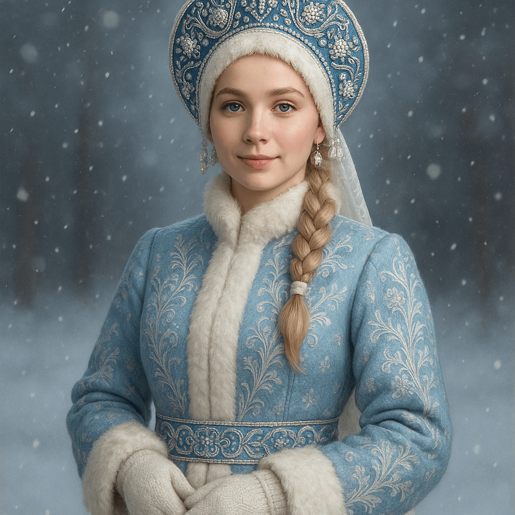 На этом портрете добавь традиционный костюм Снегурочки: длинную белую или голубую шубу с меховой отделкой, кокошник с жемчугом и кристаллами, варежки, пояс с орнаментом. Сохраняй позу и выражение лица, добавь лёгкий зимний антураж (снежинки, морозный воздух) на фоне. Реалистичный стиль, высокое разрешение, детализированные текстуры ткани и украшений