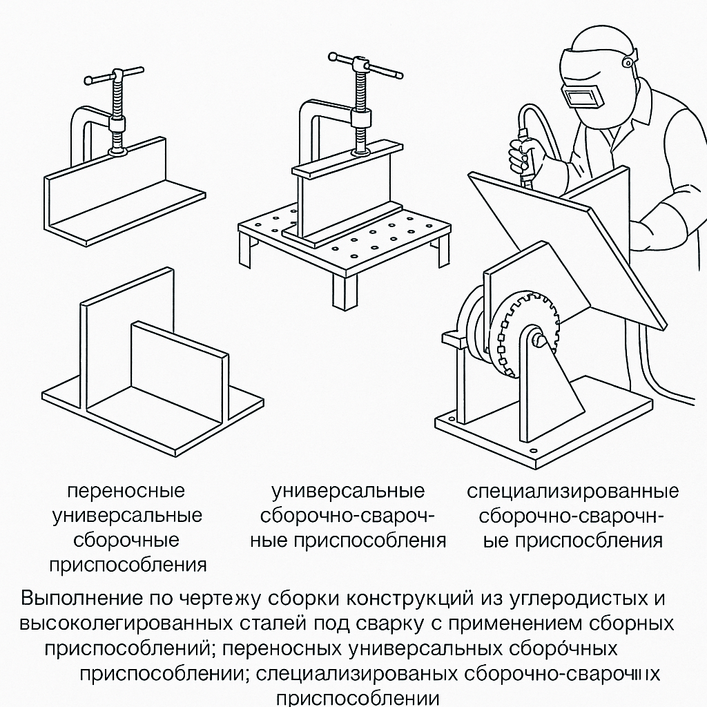 Выполнение по чертежу сборки конструкций из углеродистых и
высоколегированных сталей под сварку с применением сборочных
приспособлений: переносных универсальных сборочных приспособлений;
универсальных сборочно-сварочных приспособлений; специализированных
сборочно-сварочных приспособлений.