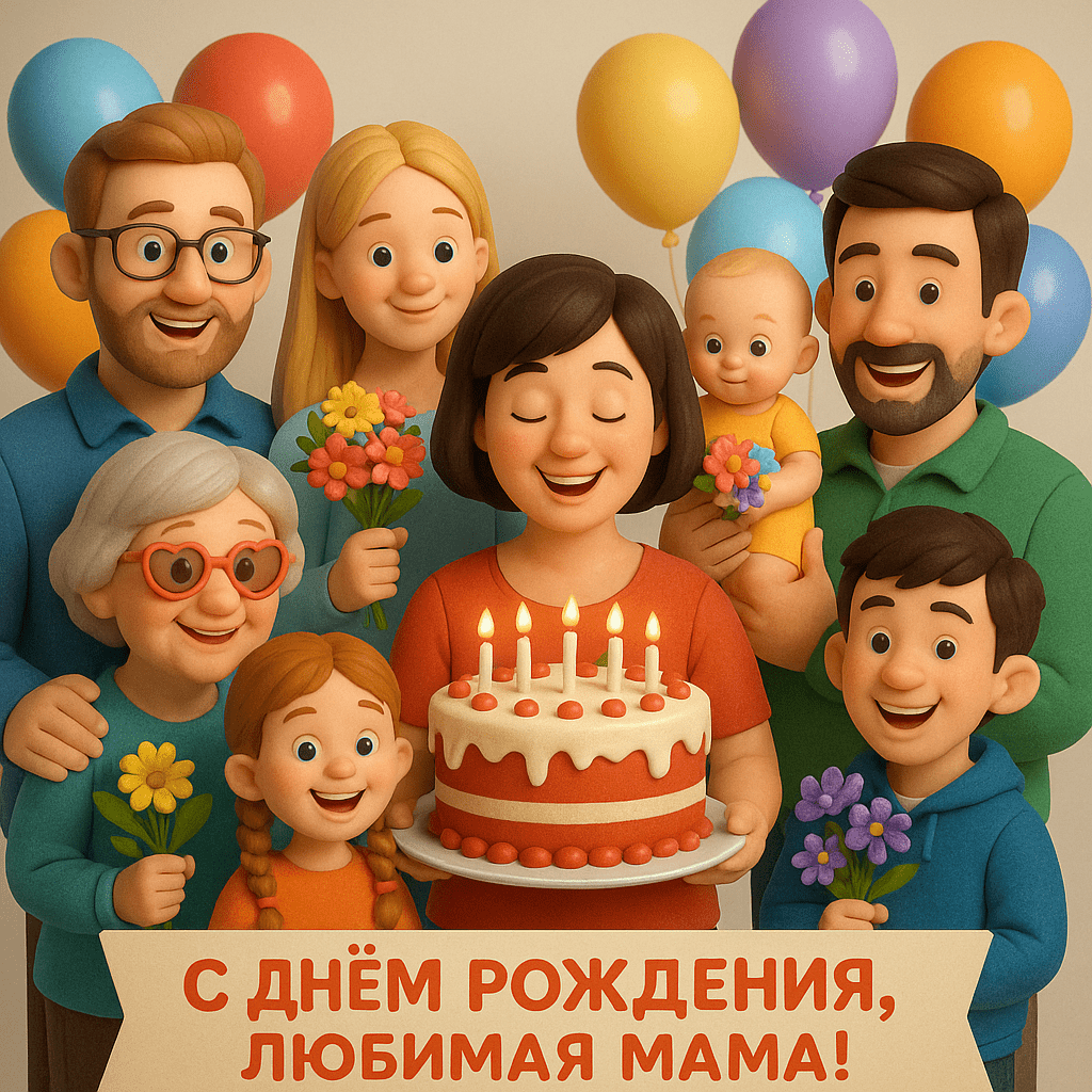 Нарисуй открытку, где семья поздравляет с днем рождения свою маму. Дарят ей большой торт. Вокруг шарики, в руках гостях цветы. Мама с темным волосом, стрижка каре, семья: дочь со светлым волосом, сын с темным волосом, муж с темно- светлым волосом, жена сына с русым длинным волосом на руках держит годовалую внучку, муж дочери с темным волосом, внуки подросток парень с рыжим волосом, внучка с русыми двумя косичками, и бабушка. Подписана открытка с днем рождения, Любимая мама! Нарисуй открытку, где семья поздравляет с днем рождения свою маму. Дарят ей большой торт. Вокруг шарики, в руках гостях цветы. Мама с темным волосом, стрижка каре, семья: дочь со светлым волосом, сын с темным волосом, муж с темно- светлым волосом, жена сына с русым длинным волосом на руках держит годовалую внучку, муж дочери с темным волосом, внуки подросток парень с рыжим волосом, внучка с русыми двумя косичками, и бабушка. Подписана открытка с днем рождения, Любимая мама!