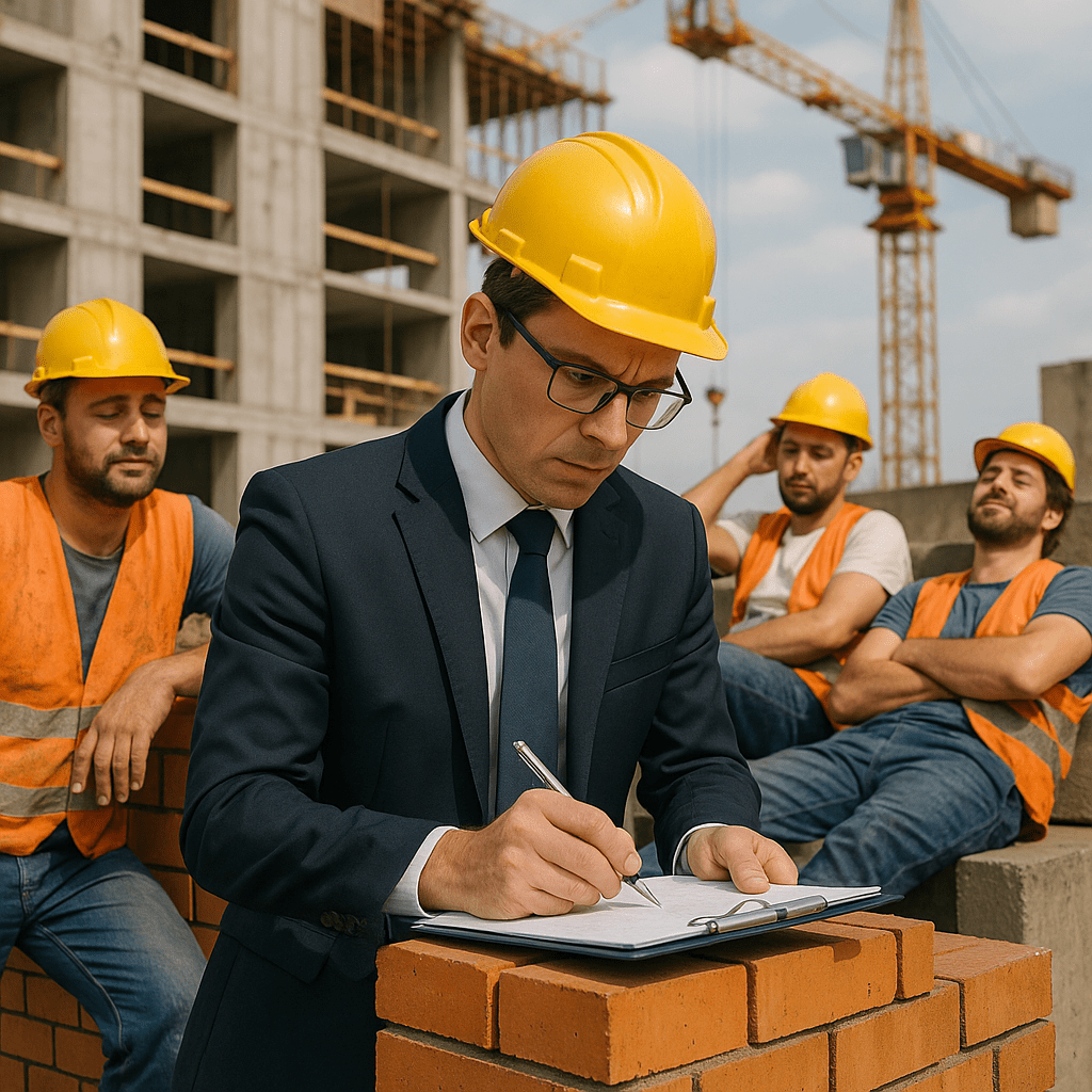 Нарисуй руководителя который старается вкладывается в работу, а его подчиненные работают расслаблено, не стараются. Изобрази идею в виде строителей на стройке, где начальник в строгом костюме деловом работает, а подчиненные бездельничают