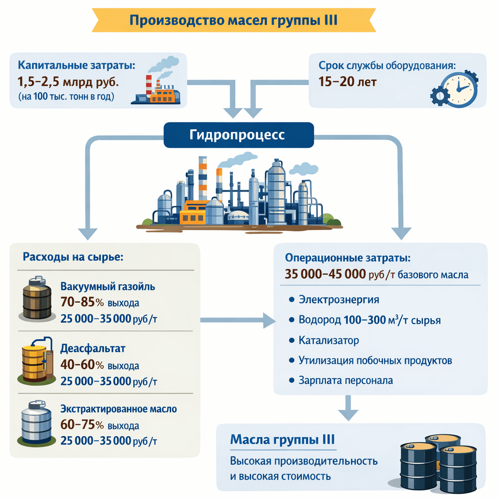 The implementation of hydrocracking and hydroisomerization requires significant investment, but it provides long-term economic benefits by producing Group III oils with improved performance and higher market value. Capital costs (for production of 100,000 tons per year): 1.5-2.5 billion rubles; equipment lifespan: 15-20 years. Operating costs: 35,000-45,000 RUB/t of base oil; main expenses: electricity, hydrogen (100-300 nm³/t of raw materials), catalyst maintenance, by-product disposal, and staff salaries. The cost of raw materials (25,000–35,000 RUB/t): vacuum gas oil (oil yield of 70–85 %); deasphaltate (yield of 40–60 %, higher hydrogen consumption); refined oil after extraction (yield of 60–75 %). нарисуй схему только без орфографических ошибок