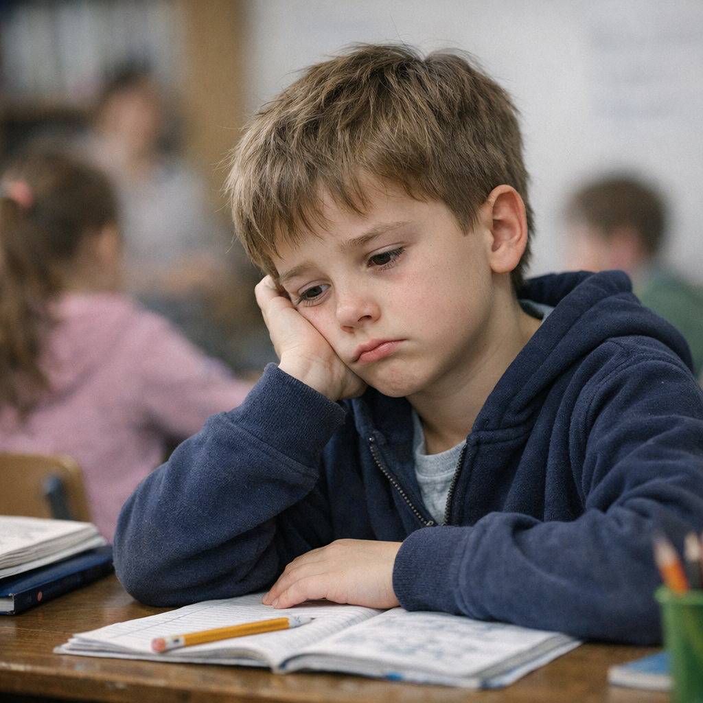 грустный ребенок сидит за партой в школе на уроке реалистичное фото гипердетализация