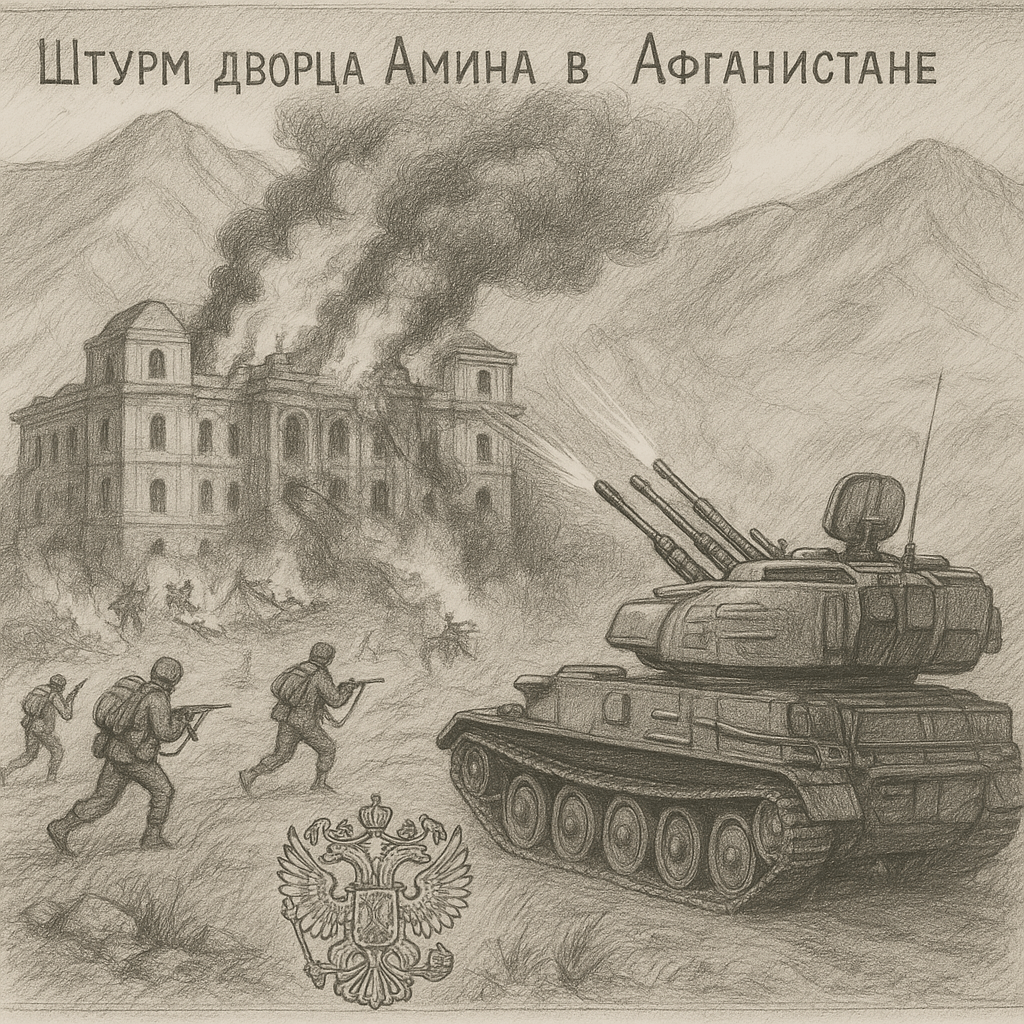 Штурм дворца Амина в Афганистане, позади горы, а также у подножия дворца стоит одна ЗСУ-23-4 «Ши́лка» в сторону дворца, внизу справа герб России