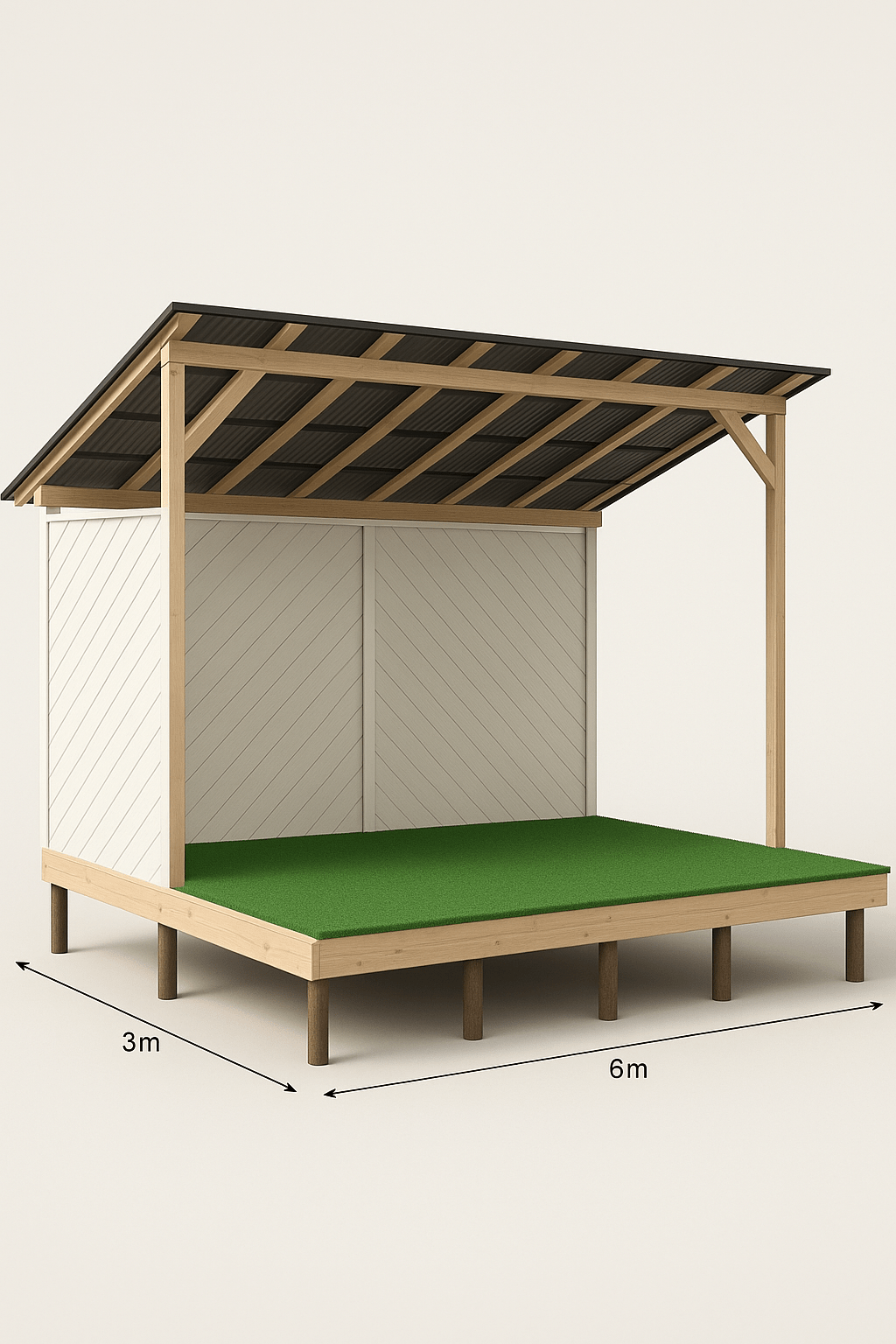 Here's the precise English translation for your 3D visualization task:
**Task for 3D Visualization of an Outdoor Structure:**
1. **Base Structure:**
* Create a **rectangular wooden platform** measuring **6 meters in length** and **3 meters in width**.
* The platform sits on a **pile foundation**.
* The platform surface is covered with **green artificial turf**.
2. **Rear Wall:**
* A **wall** is constructed **along the entire rear side (6m length)** of the platform, positioned **at a right angle (90 degrees)** to it.
* The wall has a **height of 1.8 meters**.
* Its **frame is made of timber**.
* The **exterior face (front side facing away from the platform)** is **clad with diagonal boarding**.
* The entire wall structure (frame and boarding) is **painted white**.
3. **Roof Structure:**
* A **roof** is mounted **at a 45-degree angle** onto the top of the rear wall.
* The roof's **supporting structure consists of timber beams**.
* These beams run perpendicular to the wall and are **spaced every 0.5 meters** along the length of the wall.
* The **roof cladding is made of dark gray polycarbonate**.
* The roof has an **overhang (eave):**
* **0.5 meters** extending **backwards (away from the platform)** beyond the rear wall.
* **1.0 meter** extending **forwards (over the platform)** beyond the front edge of the rear wall.
**Key elements to visualize accurately:**
* Pile foundation supporting the wooden platform.
* Green artificial turf surface on the platform.
* White wall (diagonal boarding) at the rear, 1.8m high.
* Dark gray polycarbonate roof at a 45° angle.
* Timber roof beams spaced 0.5m apart.
* Roof overhangs: 0.5m rearwards, 1.0m forwards. Here's the precise English translation for your 3D visualization task:
**Task for 3D Visualization of an Outdoor Structure:**
1. **Base Structure:**
* Create a **rectangular wooden platform** measuring **6 meters in length** and **3 meters in width**.
* The platform sits on a **pile foundation**.
* The platform surface is covered with **green artificial turf**.
2. **Rear Wall:**
* A **wall** is constructed **along the entire rear side (6m length)** of the platform, positioned **at a right angle (90 degrees)** to it.
* The wall has a **height of 1.8 meters**.
* Its **frame is made of timber**.
* The **exterior face (front side facing away from the platform)** is **clad with diagonal boarding**.
* The entire wall structure (frame and boarding) is **painted white**.
3. **Roof Structure:**
* A **roof** is mounted **at a 45-degree angle** onto the top of the rear wall.
* The roof's **supporting structure consists of timber beams**.
* These beams run perpendicular to the wall and are **spaced every 0.5 meters** along the length of the wall.
* The **roof cladding is made of dark gray polycarbonate**.
* The roof has an **overhang (eave):**
* **0.5 meters** extending **backwards (away from the platform)** beyond the rear wall.
* **1.0 meter** extending **forwards (over the platform)** beyond the front edge of the rear wall.
**Key elements to visualize accurately:**
* Pile foundation supporting the wooden platform.
* Green artificial turf surface on the platform.
* White wall (diagonal boarding) at the rear, 1.8m high.
* Dark gray polycarbonate roof at a 45° angle.
* Timber roof beams spaced 0.5m apart.
* Roof overhangs: 0.5m rearwards, 1.0m forwards.