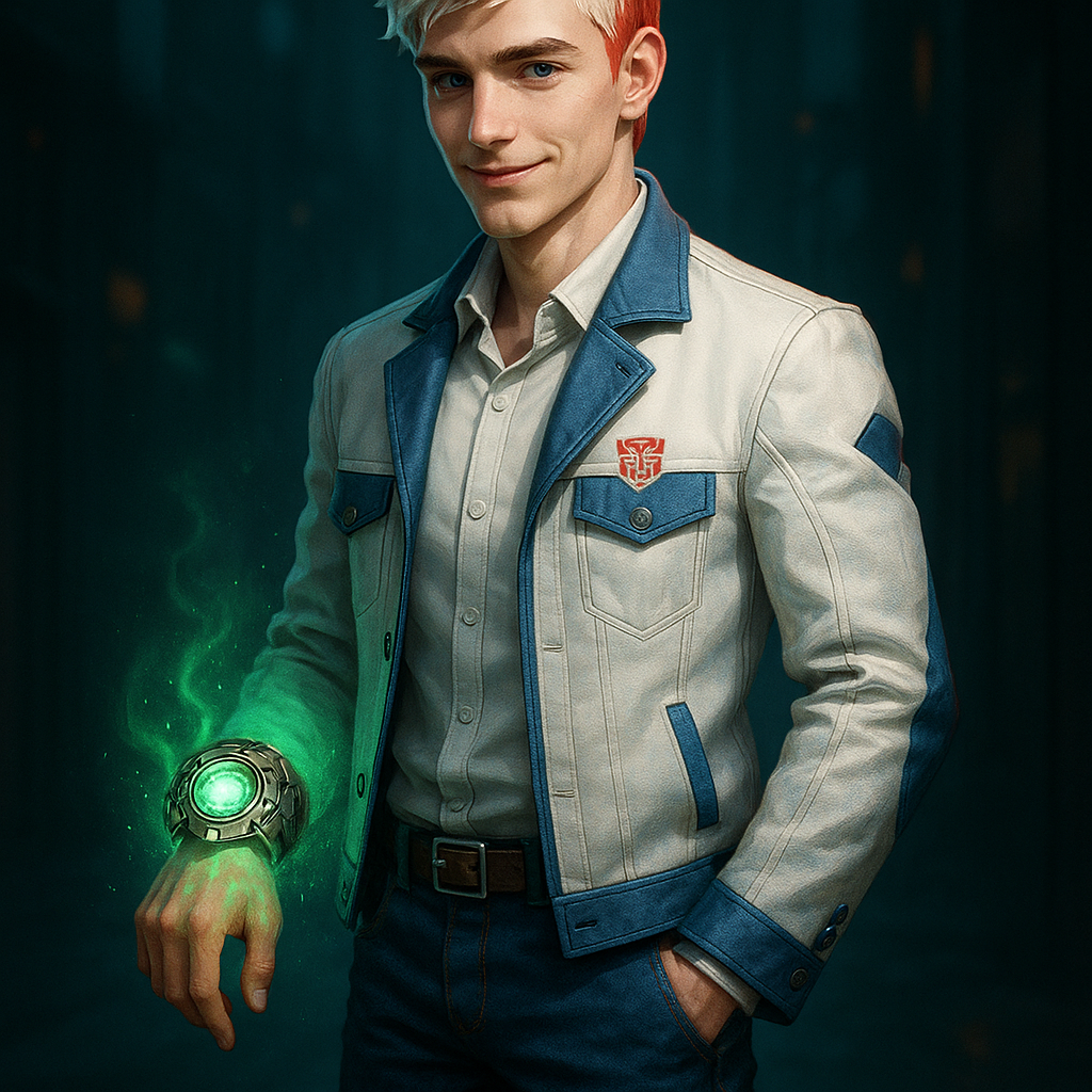 Смоукскрин  21 год младший солдат, специальный агент.  
Молодой мужчина атлетического телосложения, ростом 177 см. Его волосы представляют собой уникальное сочетание цветов — основной белый, нежный йогуртовый  оттенок с красными элементами на висках. Стрижка современная, с легкой небрежностью, рванной челкой, подчеркивающей его молодость и некоторую импульсивность.
Глаза голубые. Черты лица правильные, с постоянной полуулыбкой, которую некоторые ветераны считают чрезмерно самоуверенной. Предпочитает элегантный джинсовый костюм, сшитый по индивидуальным меркам, с акцентами белог и синих цветов, отражающими его оригинальную автоботскую расцветку. Белый иджак приталенного кроя с продуманными деталями — синие нашивки на локтях, стильная отделка воротника, скрытые внутренние карманы для технических устройств.
Брюки из того же материала, с идеальной посадкой и декоративными элементами, зеркально повторяющими дизайн пиджака. Под верхней одеждой обычно носит белую рубашку с минималистичным логотипом автоботов, заметным только при близком рассмотрении.
Обувь — высокие кроссовки. Сочетание белого, синего и красного в дизайне обуви гармонирует с общей цветовой схемой костюма.
Главное отличие Смоукскрина от других молодых автоботов — фазовый переключатель, закрепленный на его правом запястье. Устройство выглядит как футуристический браслет с круглым зеленым кругом в центре, окруженным подвижными металлическими элементами с древними кибертронскими символами. 
При активации предмет начинает пульсировать ярким зеленым светом, создавая вокруг Смоукскрина характерное свечение и давая ему способность проходить сквозь твёрдые объекты. Полная активация переключателя сопровождается частичной прозрачностью тела его владельца.
Согласно отчетам технического отдела, фазовый переключатель является древним артефактом, полный потенциал которого до сих пор не раскрыт. Смоукскрин демонстрирует удивительную совместимость с устройством, регулярно обнаруживая новые способы его применения, что вызывает как восхищение, так и некоторое беспокойство у старших офицеров.
Смоукскрин сочетает в себе энергию и энтузиазм молодого воина с искренней преданностью делу автоботов. Несмотря на относительно короткий срок службы, проявляет высокие способности в тактическом планировании и импровизации в боевых условиях.
Отношения с ровесниками из других фракций (Бамблби, Зубастиком и Скурджем) характеризуются смесью здорового соперничества и взаимного уважения. Особенно близкая дружба сформировалась с Бамблби благодаря схожим ценностям и подходу к службе.
Отличается немного самоуверенным поведением и склонностью действовать по собственной инициативе, иногда игнорируя прямые приказы. Однако эти качества компенсируются искренней верой в идеалы автоботов и готовностью учиться у более опытных соратников.
**ПРИМЕЧАНИЕ ОПТИМУСА ПРАЙМА:**  
*"Смоукскрин представляет будущее автоботов — молодых воинов, выросших во время конфликта, но смотрящих с надеждой вперед. Его энтузиазм и непредсказуемость иногда создают трудности в командной работе, но эти же качества делают его ценным членом нашей команды, особенно в нестандартных ситуациях. Фазовый переключатель в его руках стал не просто инструментом, но продолжением его уникальной личности".