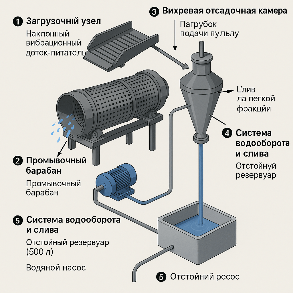 создай 3в модель с обозначениями
Техническое задание для генерации 3D-модели: «Вихревой гравитационный концентратор для сепарации импактных алмазов»
Цель устройства: Эффективная сепарация мелких частиц импактных алмазов (плотность ~3.5 г/см³) из рыхлых песчано-гравийных отложений (плотность породы ~2.6 г/см³) методом гравитационного обогащения с использованием восходящих гидравлических потоков.

Принцип работы: Разделение основано на разности плотностей материалов в восходящем потоке воды. Тяжелые фракции (алмазы) осаждаются в накопителе, легкие (песок, ил) выносятся через слив.

Конструктивные элементы и параметры:
1. Загрузочный узел:

Компонент: Наклонный вибрационный лоток-питатель.

Функция: Равномерная подача исходного материала (песчано-гравийная смесь - ПГС) с водой в промывочный барабан.

Параметры:

Угол наклона: регулируемый, 10-15°.

Вибрация: высокочастотная (50-100 Гц), для предотвращения залипания.

2. Первичная сепарация (Промывочный барабан):

Компонент: Цилиндрический вращающийся барабан с перфорированными стенками.

Функция: Отсев крупной фракции (>5-10 мм) и предварительное разрыхление материала.

Параметры:

Диаметр: 600-800 мм.

Длина: 2000-2500 мм.

Материал: износостойкая сталь (Hardox 400).

Диаметр перфорации: 5-8 мм.

Привод: электромотор с редуктором, скорость вращения 10-20 об/мин.

Подача воды: форсунки высокого давления внутри барабана.

3. Вторичная сепарация (Вихревая отсадочная камера):

Компонент: Вертикальный конический сепаратор (отсадочная машина).

Функция: Точное разделение тяжелой и легкой фракции.

Конструкция и параметры:

Форма: Усеченный конус (верхний диаметр 400 мм, нижний 150 мм, высота 1200 мм).

Пульсационный узел: Мембрана или поршень в нижней части камеры, управляемая электромагнитным приводом.

Режим пульсаций: Частота 1-2 Гц, амплитуда регулируемая. Создает восходящие импульсные потоки воды.

Система подачи пульпы: Патрубок в верхней части камеры, принимающий материал из барабана.

4. Система сбора концентрата:

Компонент: Съемный концентраторный лоток (рейка) в самой узкой нижней части конуса.

Функция: Улавливание и накопление тяжелой фракции (алмазов, гранатов, ильменита).

Параметры:

Материал: полиуретан с поперечными рифлями (высота рифлей 5-7 мм).

Угол наклона рифлей: 45°.

5. Система водооборота и слива:

Компоненты:

Отстойный резервуар (емкость 500 л).

Водяной насос (производительность 5-10 м³/ч, напор 20 м).

Сливной шлюз для легкой фракции (хвостов) в верхней части конической камеры.

Принципиальная схема процесса:
ПГС + Вода -> Вибрационный питатель -> Промывочный барабан (крупные отходы -> отвал) -> Пульпа (песок + вода + алмазы) -> Вихревая камера (легкая фракция -> слив) -> Тяжелая фракция (концентрат) -> накопительный лоток.

Это описание позволяет однозначно понять механику работы, ключевые компоненты и их взаимодействие для точной генерации модели или чертежа.