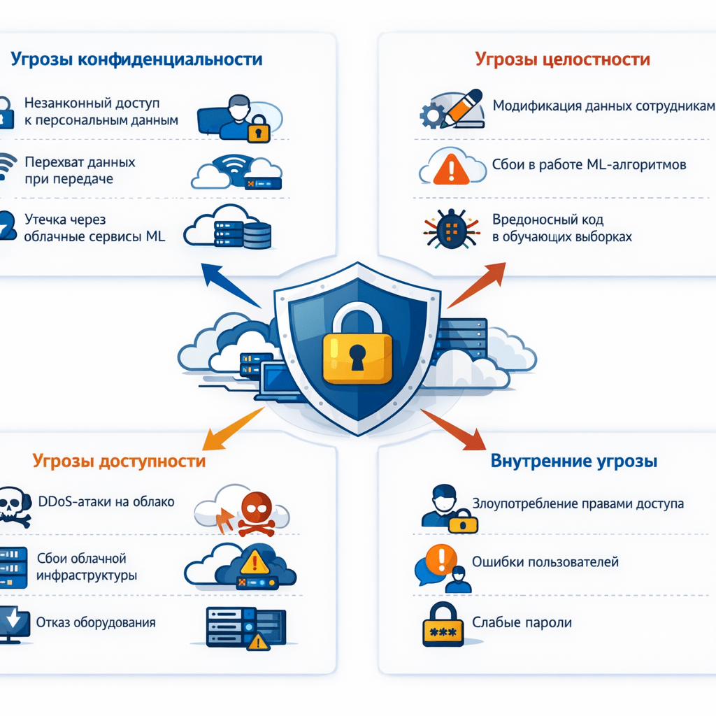 Для проектируемой системы актуальны следующие угрозы:

Угрозы конфиденциальности:

несанкционированный доступ к персональным данным;

перехват данных при передаче между модулями системы;

утечка информации через облачные сервисы ML.

Угрозы целостности:

модификация данных сотрудниками с целью искажения результатов оценки эффективности;

повреждение данных из‑за сбоев в работе ML‑алгоритмов;

внедрение вредоносного кода в обучающие выборки.

Угрозы доступности:

DDoS‑атаки на облачные сервисы;

сбои в работе облачной инфраструктуры;

отказ оборудования на стороне предприятия.

Внутренние угрозы:

злоупотребление правами доступа со стороны администраторов;

случайные ошибки пользователей при работе с системой;

использование слабых паролей. нарисуй схему
