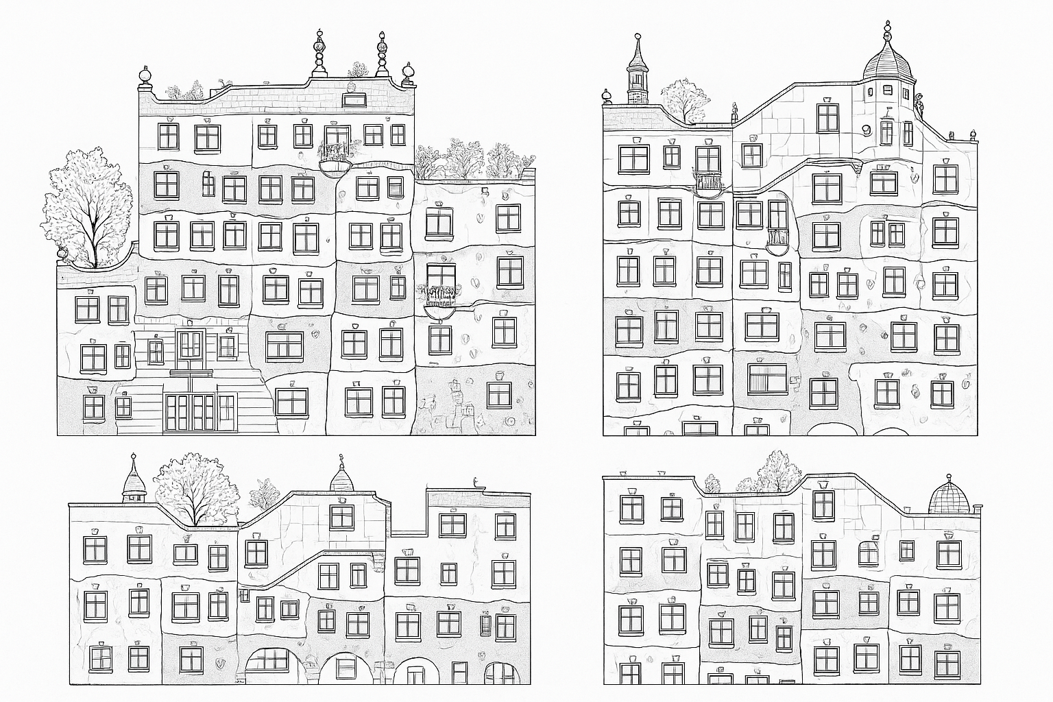 Engineering drawing of all the facades of the Hundertwasser house in Vienna, preserving the scale and accuracy of the actual building
