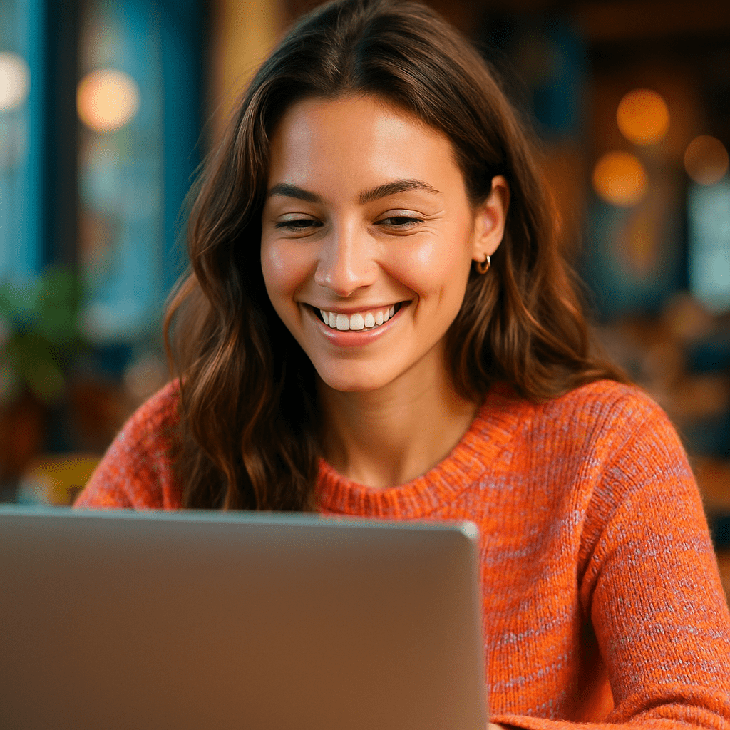 красивая довольная девушка работает за ноутбуком. Ноутбук не надо брендировать. Релистичное фото, гипердетализация