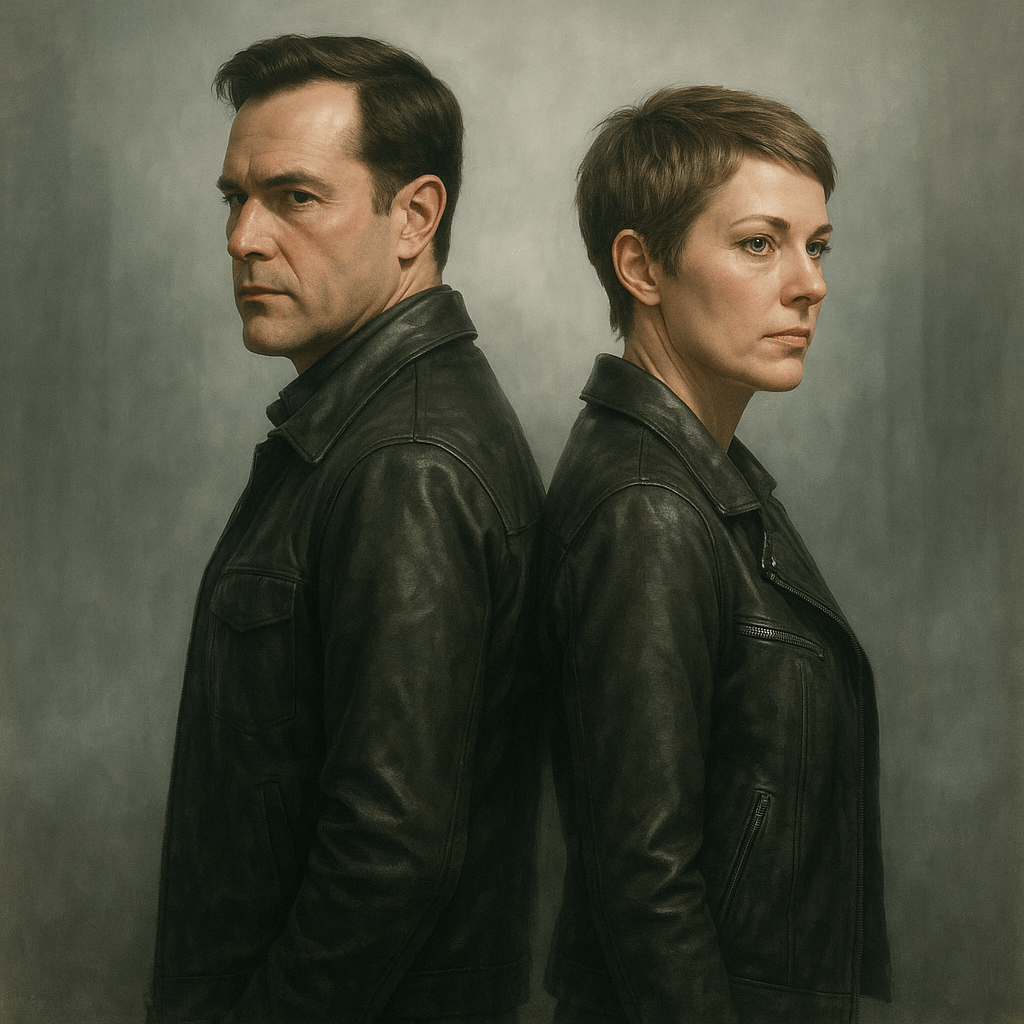 Arthur Ketch as David Haydn-Jones and Mary Winchester as Samantha Smith with short hair stand in leather jackets with their backs to each other.