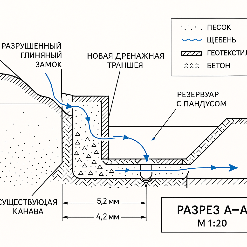 "Векторный инженерный чертёж разреза А–А. Поперечный разрез через существующую канаву (слева), новую дренажную траншею (в центре) и резервуар с пандусом (справа). Чёрные линии контуров, тонкие размерные линии. Штриховка: песок – точки, щебень – треугольники, бетон – ёлочка, геотекстиль – волнистая линия. Синие стрелки показывают пути воды: из разрушенного глиняного замка вдоль стены, через зазор в щебень траншеи, затем в трубу и на выпуск. Условные обозначения в правом верхнем углу. Штамп в правом нижнем углу с надписью «Разрез А–А, М 1:20». Все подписи на русском языке. Высокая детализация, чистый вектор, без теней и градиентов."