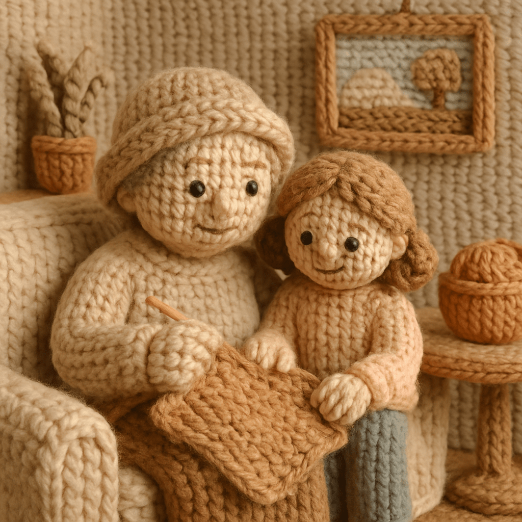 Фотореалистичное изображение в вязаном стиле: сцена полностью выполнена из пряжи. Персонажи, фон, одежда и предметы выглядят так, будто связаны вручную крючком или спицами. Толстые шерстяные нити, объёмные петли, мягкая текстура, крупные планы волокон пряжи. Детализированная вязка, аккуратные стежки, ощущение ручной работы. Тёплые пастельные тона, мягкое рассеянное освещение, реалистичная текстура, высокая детализация и аккуратные тени."