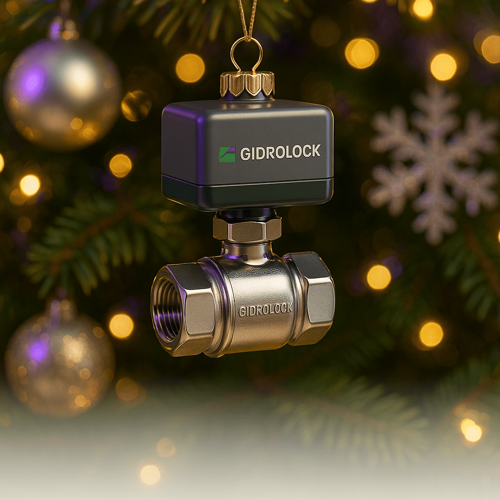 "Фотореалистичная новогодняя сцена. Ёлочная игрушка в виде шарового крана с электроприводом Gidrolock: компактный латунный шаровой кран с массивным металлическим корпусом, аккуратной токарной обработкой и шестигранными зонами под ключ, с небольшой гравировкой или логотипом Gidrolock на боковой части. Сверху установлен электропривод прямоугольной формы с плавными гранями, корпус привода в инженерных тонах (серый, чёрный, металлик с аккуратным цветным акцентом бренда), на боковой части — аккуратная надпись или знак Gidrolock. Весь узел выглядит как монолитный, надёжный технический модуль для автоматического перекрытия воды, пропорции чуть облегчены, чтобы он эстетично смотрелся как игрушка. Весь этот кран-привод выполнен как объёмная новогодняя подвесная игрушка из глянцевого стекла с мягкими отражениями света и блеском, сверху тонкая золотая петелька и нить для подвешивания.

Игрушка висит на пушистой, нарядной новогодней ёлке, среди зелёной хвои, мерцающих гирлянд, серебристых и золотых шаров, снежинок и тёплых огоньков. Глубина резкости мала: кран-игрушка в резком фокусе, фон ёлки и огней мягко размытый, создаёт праздничное сияние. Цветовая атмосфера тёплая, новогодняя, возможно с жёлто-фиолетовыми световыми акцентами. В нижней части кадра (примерно нижняя треть изображения) чистое, светлое, слегка размытое пространство без деталей, с мягким градиентом, специально оставленное под текст поздравления, чтобы надпись хорошо читалась. Стиль: профессиональная студийная предметная фотография, высокая детализация, реалистичный свет, 8K, праздничное настроение."

фирменные цвета Gidrolock, зеленый и фиолетовый,  ориентацию кадра -горизонт 16:9 тип носителя —открытка