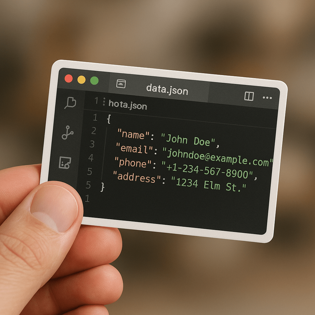 A close-up shot of a hand holding a business card designed to look like a {file_format} file open in {code_editor}. The card shows code formatted in {syntax_type} with keys like {key1}, {key2}, {key3}, and {key4}. The window includes typical toolbar icons and a title bar labeled {file_name}, styled exactly like the interface of {code_editor}. Background is slightly blurred, keeping the focus on the card.
