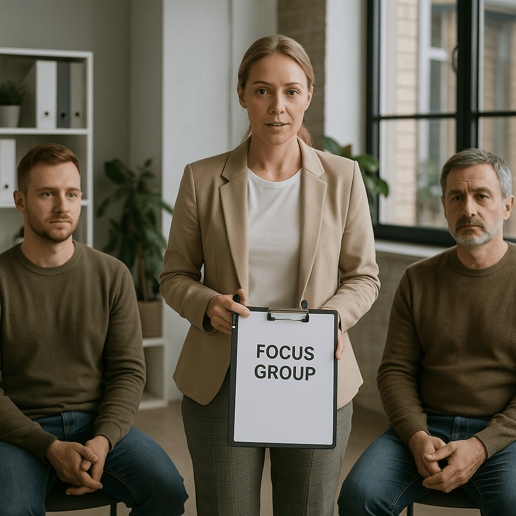 белая женщина проводит опрос фокус группу среди белых людей в кабинете, люди негрустные но и не сильно радостные, реалистичное фото