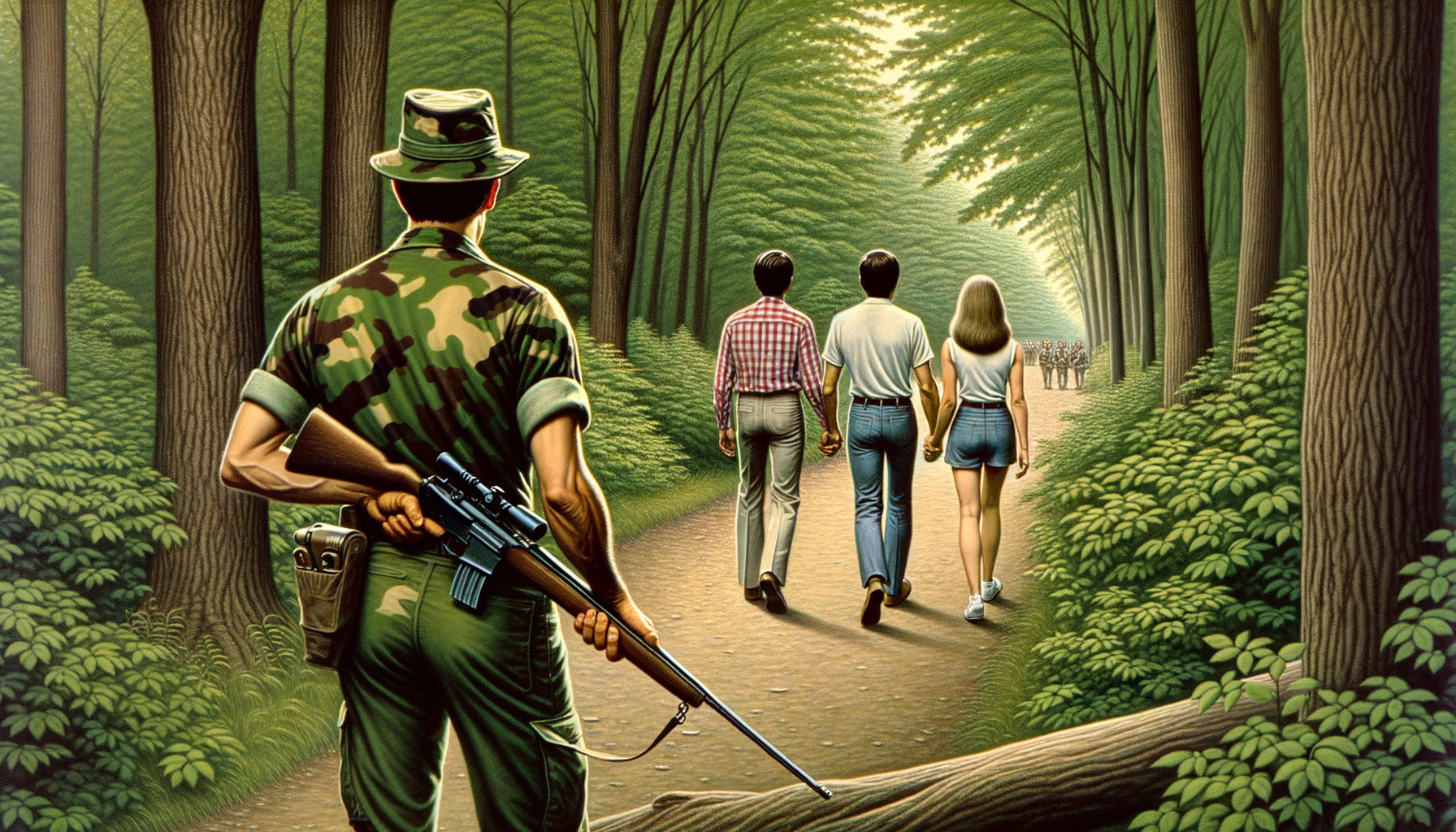 1976 год Заповедник Мак-Клинток, пара мужчина и женщина гуляют по тропинки в лесу, спиной к нам стоит американский гражданский мужчина с ружьем и наблюдает за ними