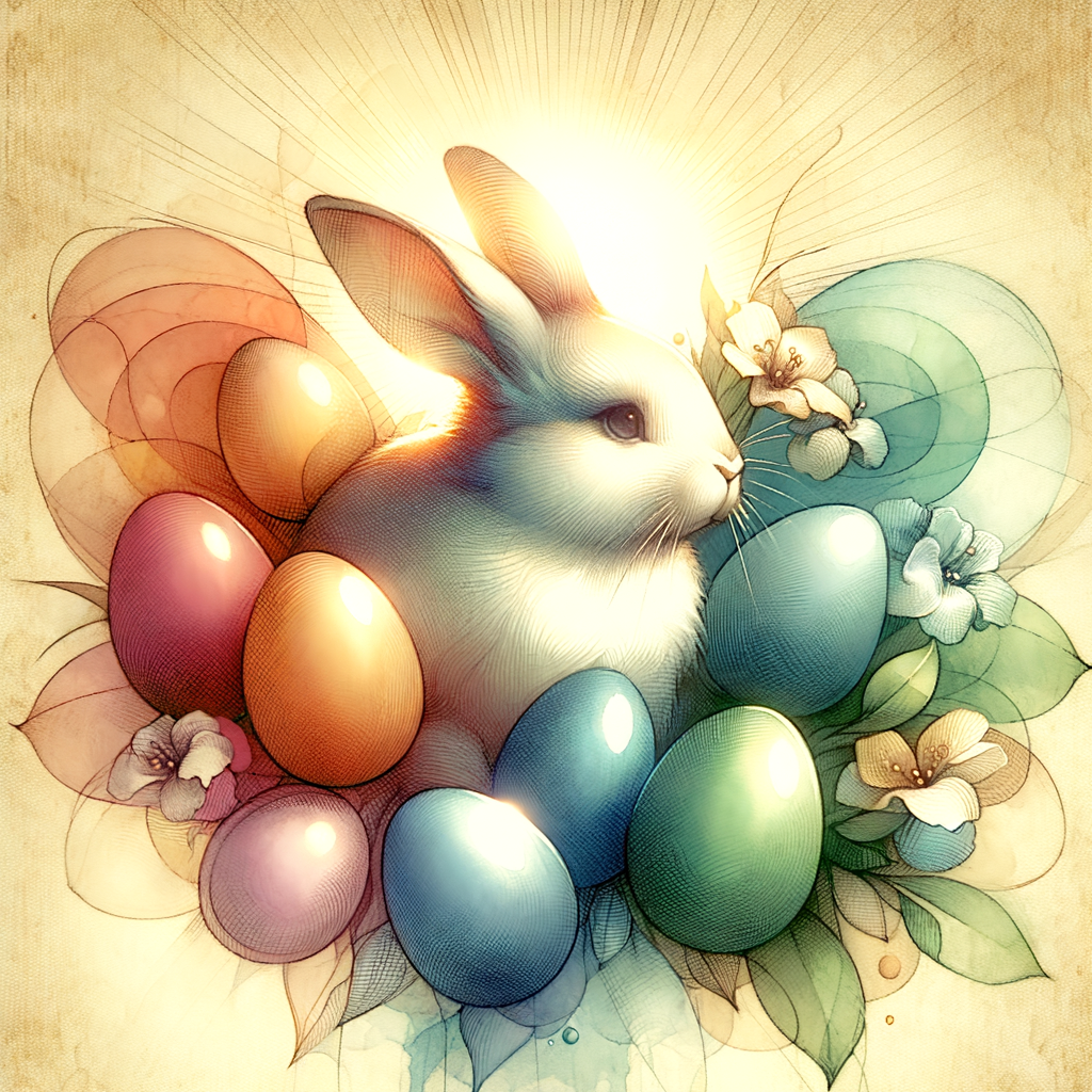 пасхальный кролик в окружении разноцветных яиц