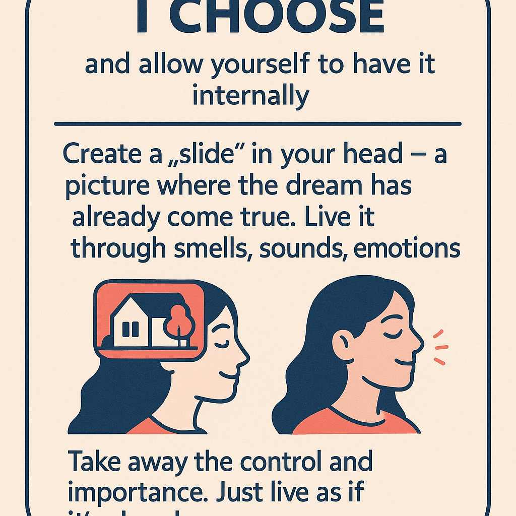 Generate a clear diagram: 
Say “I choose" and allow yourself to have it internally.
Create a “slide” in your head — a picture where the dream has already come true. Live it through smells, sounds, emotions.
Take away the control and importance. Just live as if it's already yours.