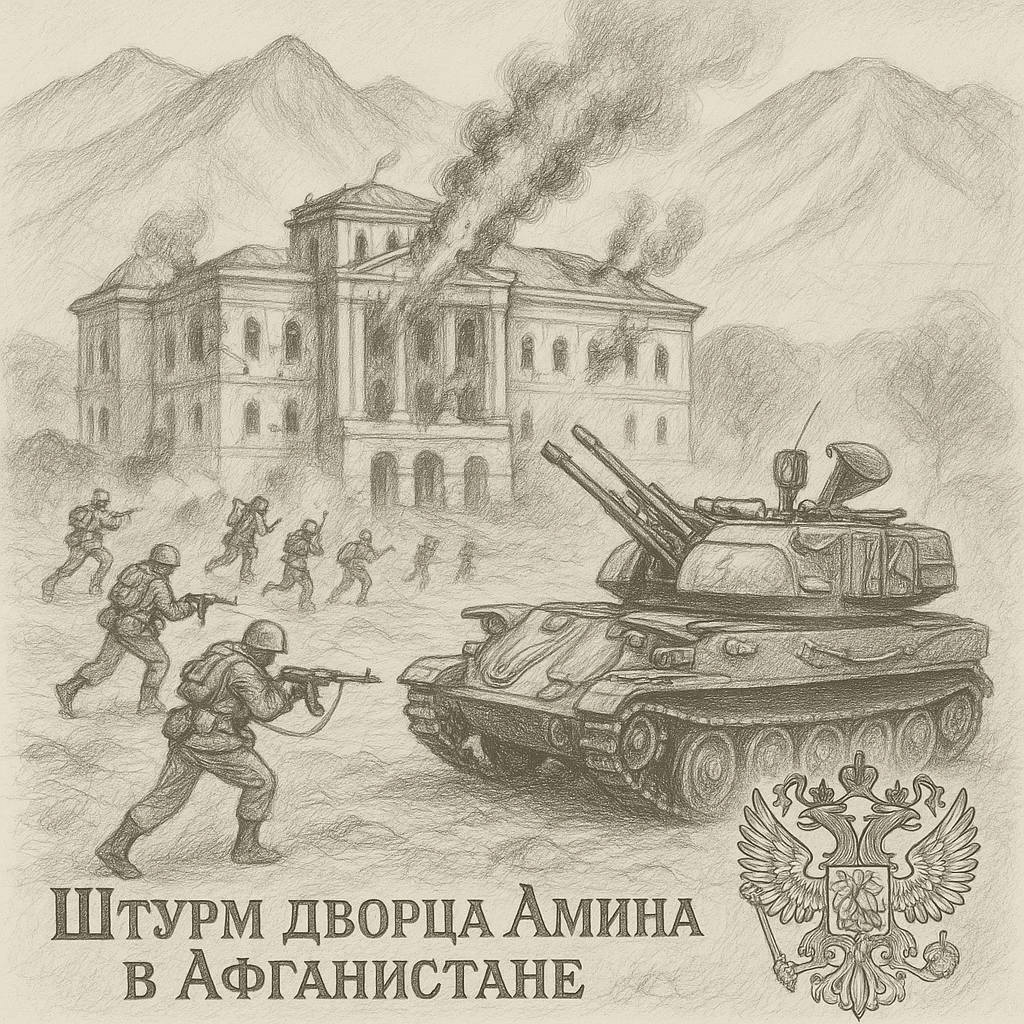 Штурм дворца Амина в Афганистане, позади горы, а также у подножия дворца стоит ЗСУ-23-4 «Ши́лка» в сторону дворца, внизу справа герб России