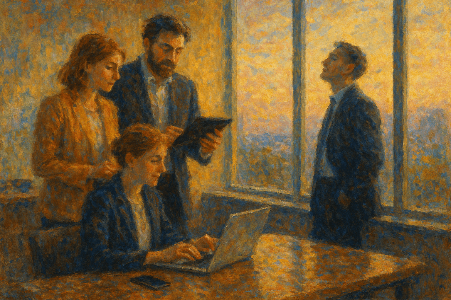 команда из 4-х профессиональных руководителей увлеченно обсуждает новый проект, используя современные гаджеты. Кто-то из них стоит, кто-то сидит, кто-то мечтательно смотрит в панорамное окно. В команде и мужчины и женщины