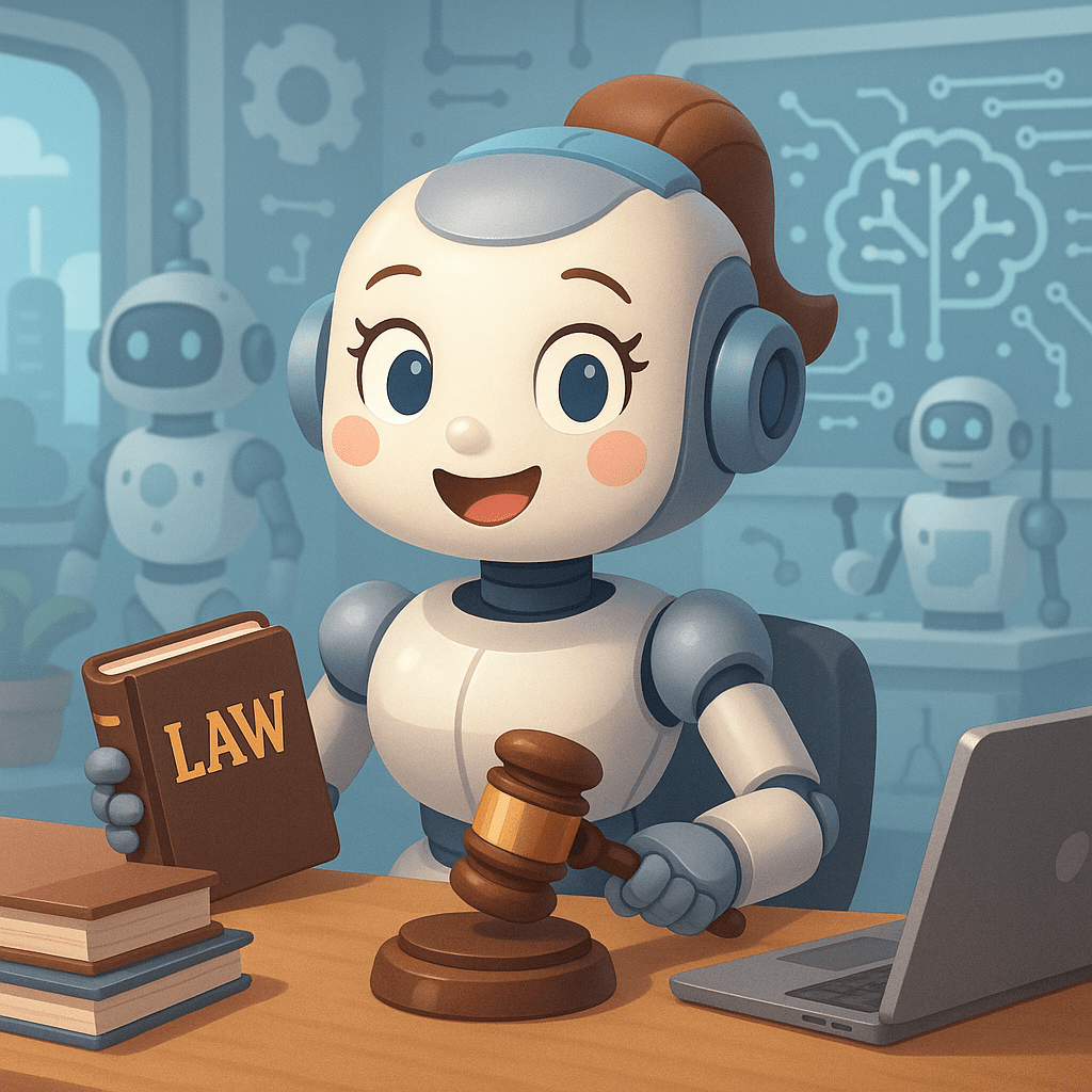 Мультяшный юрист-робот женского пола работает в мире роботов и ИИ