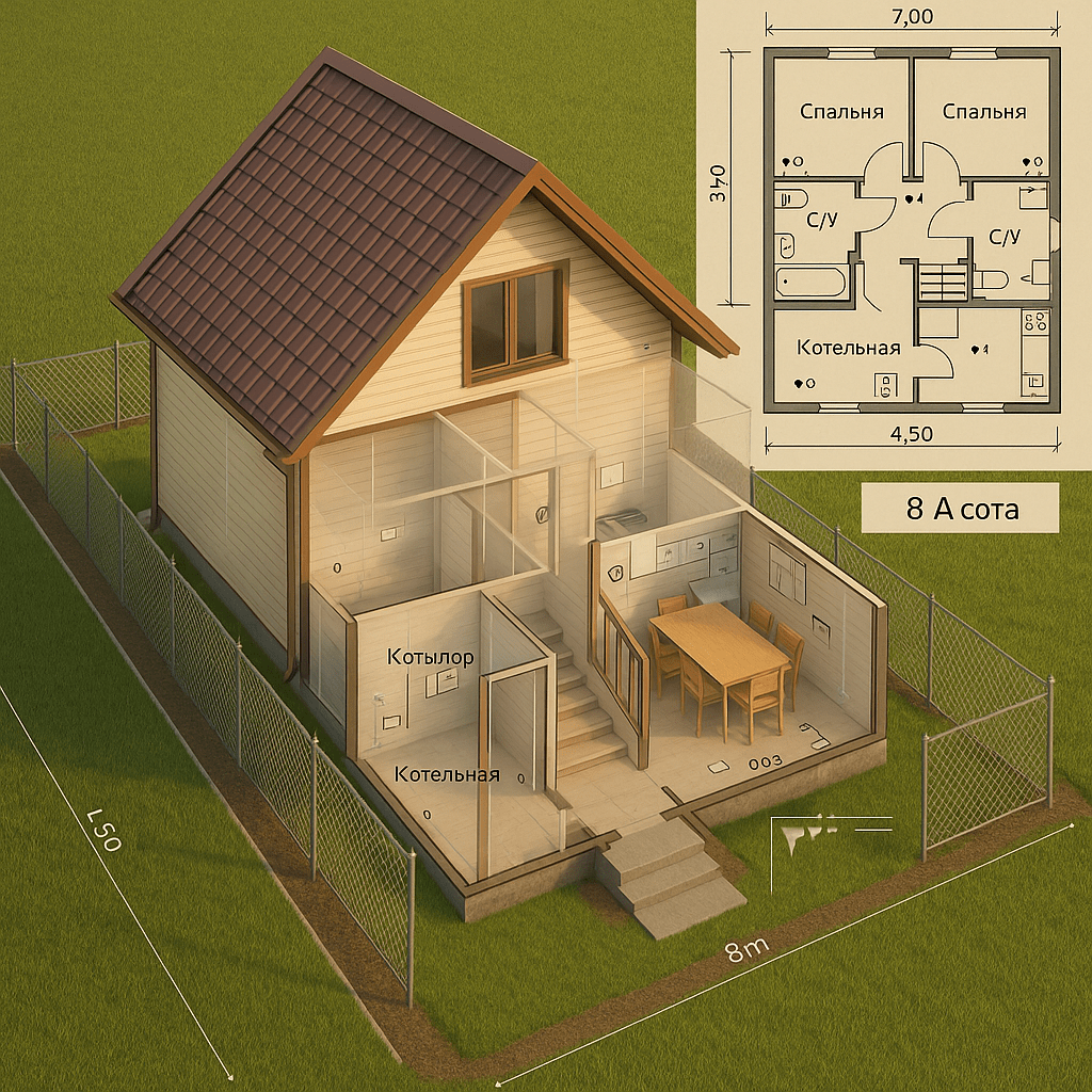 Нарисовать дом с мансардой на прямоугольном участке земли. Участок площадью 8 соток огорожен сеткой-рабицей. Габариты дома: 8x7 м. Высота первого этажа 2,5 м. Двускатная кровля с металлочерепицей. Фасад дома расположен напротив ворот к участку. Расположение дома на участке соответствует нормативным требованиям России. Для наглядности часть стен нарисовать полупрозрачными. На первом этаже расположен корридор, котельная, санузел, лестница и кухня совмещенная со столовой. В мансарде расположены две спальни, санузел и гардероб. Справа сверху рисунка привести схему планировки дома. Указать габариты в соответствии со стандартами рисования чертежей. Указать расположение розеток, электрощитка и узлов водоснабжения.