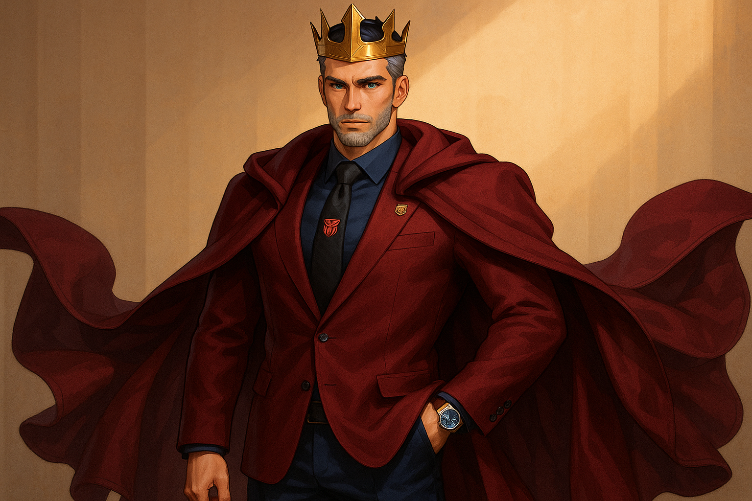 Король Оптимус Прайм: Современная интерпретация

В современном облачении Оптимус Прайм, Король Кибертрона, предстаёт как воплощение элегантной власти — сочетание монарха и успешного лидера XXI века.
В возрасте 33-35 лет он находится на пике своих физических и интеллектуальных возможностей. Его фигура (180-185 см) хоть и не выделяется чрезмерным ростом, но привлекает внимание королевской осанкой и уверенностью. Телосложение крепкое, атлетическое — результат многих лет тренировок и сражений, компактное и мощное. В его движениях чувствуется сбалансированность и сила, характерные для человека, привыкшего действовать решительно и эффективно.
Его гардероб олицетворяет утончённую власть с характерным цветовым сочетанием. Темно-красный пиджак безупречного кроя стал его визитной карточкой — сдержанный, но выразительный, подчёркивающий широкие плечи и уверенную осанку. Под ним — тёмно-синяя рубашка из высококачественного материала, идеально сочетающаяся с тёмно-синими брюками из дорогой ткани с едва заметным металлическим отливом.
Чёрный галстук с тонко вышитой золотой нитью эмблемой автоботов — единственный явный символ его происхождения и положения. Этот знак узнаваем для посвящённых, но достаточно сдержан, чтобы не привлекать лишнего внимания.
Завершает образ роскошный плащ-накидка с тёмно-бордовой подкладкой, напоминающий королевскую мантию, но адаптированный для современного мира. В официальных ситуациях он носит его на плечах, в моменты действия — позволяет свободно развеваться, создавая драматический эффект.
Обувь — безупречно начищенные чёрные лакированные ботинки, сочетающие классический стиль и практичность.
Его волосы представляют особый интерес — тёмно-синие, почти чёрные в определённом освещении, с необычным металлическим акцентом на висках, который создаёт впечатление преждевременной, но благородной седины. Стрижка короткая, аккуратная, с чётко выраженной линией.
Лицо Оптимуса сочетает классические черты: сильный подбородок, прямой нос, высокие скулы. Но самая выразительная деталь — его глаза с кристально чистыми голубыми зрачками, внимательные и проницательные. Взгляд короля Прайма одновременно твёрдый и понимающий, способный внушать уверенность одним и страх другим.
В официальных ситуациях он может дополнять свой образ сдержанными аксессуарами: платиновые часы с синим циферблатом, тонкое кольцо-печатка с символом Праймов или небольшой значок автоботов на лацкане пиджака.
Контраст темно-красного пиджака с тёмно-синей рубашкой и брюками создаёт узнаваемую цветовую схему, перекликающуюся с его обликом лидера автоботов, короля кибертрона, но в элегантной, современной интерпретации. Эта комбинация цветов мгновенно идентифицирует его как Оптимуса Прайма, даже без явных символов и знаков.
Оптимус невысок для короля, но его присутствие заполняет пространство, заставляя даже более высоких людей чувствовать себя в тени его авторитета. Это яркий пример того, что истинное величие не измеряется сантиметрами роста.