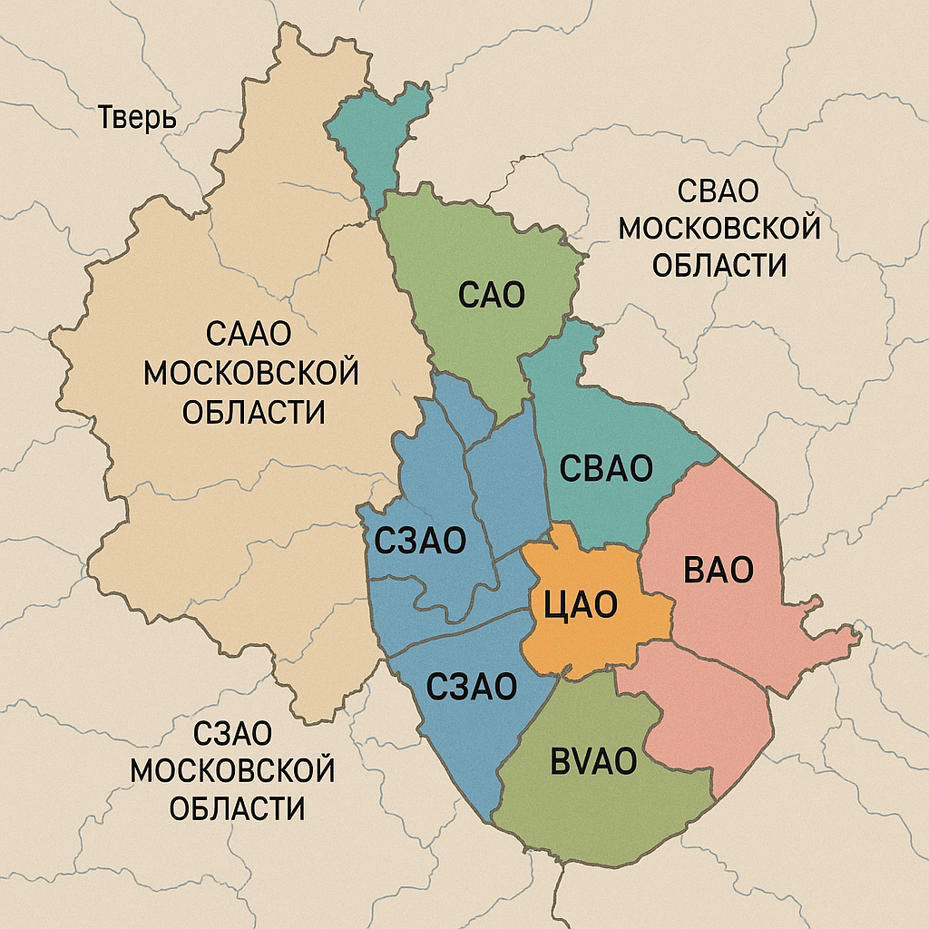 Нарисуй карту Москвы и Московской области по разделенную разными цветами по брикам: СВАО, САО, СЗАО, ВАО, ЦАО, СВАО МОСКОВСКОЙ ОБЛАСТИ, СЗАО МОСОВСКОЙ ОБЛАСТИ и не далеко от низ город Тверь