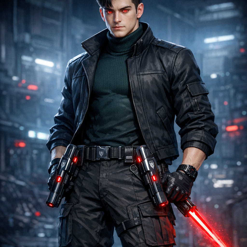 Трансформеры 2001 года. Скурдж - молодой заместитель Глаьватрона в части десептиконов, 21 год. Волосы: Чёрные как вороново крыло, уложенные в стильную британку – короткие по бокам и затылку, более длинные и аккуратно уложенные наверху, с чётким боковым пробором. Прическа создаёт образ классической мужской элегантности с современным твистом. • Глаза: Насыщенного рубинового цвета, яркие и выразительные. Взгляд проницательный, часто серьёзный, способный как устрашить противника, так и выразить непоколебимую верность своим соратникам. • Лицо: Чёткие, мужественные черты с выраженными скулами и сильной линией подбородка. Несмотря на молодой возраст, лицо выражает зрелость и серьёзность, с редкими, но искренними улыбками. • Особенности: Нет явных шрамов или отличительных меток, что свидетельствует о его превосходных боевых навыках – он умеет избегать ранений, оставаясь эффективным в бою. • Выражение лица: Обычно сосредоточенное и невозмутимое, с характерной военной сдержанностью. Высокий (около 175-178 см), с атлетическим, крепким телосложением, но без излишней массивности. • Широкие плечи и хорошо развитая мускулатура говорят о силе и боевой подготовке. • Движения чёткие, экономные, с военной точностью и грацией опытного бойца. • Верхняя одежда: Элегантный жакет темного оттенка (чёрный или тёмно-серый) с минималистичным дизайном и сдержанными деталями, подчёркивающими военный стиль. • Под жакетом: Тёмно-изумрудная водолазка из прочного материала, плотно облегающая торс, с высоким воротом, полностью закрывающим шею. • Брюки: Тёмные штаны карго свободного кроя с множеством функциональных карманов и усиленными вставками на коленях. • Обувь: Высокие кожаные сапоги чёрного цвета, сочетающие элегантный дизайн с практичностью и прочностью военной обуви. Вероятно, со скрытыми усилениями в подошве и носке. • Пояс: Широкий тактический пояс с различными креплениями и двумя кобурами по бокам для плазменных пистолетов. • Основное: Пара идентичных плазменных пистолетов в кобурах на поясе. Оружие имеет сдержанный, но футуристический дизайн с элементами десептиконской символики и рубиновыми акцентами. • Дополнительное: Компактная рукоять, закреплённая на поясе или в специальном креплении на бедре. При активации из неё выдвигается впечатляющее кибернетическое лезвие рубинового цвета, создающее как режущее, так и энергетическое воздействие. • Возможно дополнительное скрытое оружие в сапогах или рукавах. • Минималистичные тактические часы на левом запястье.