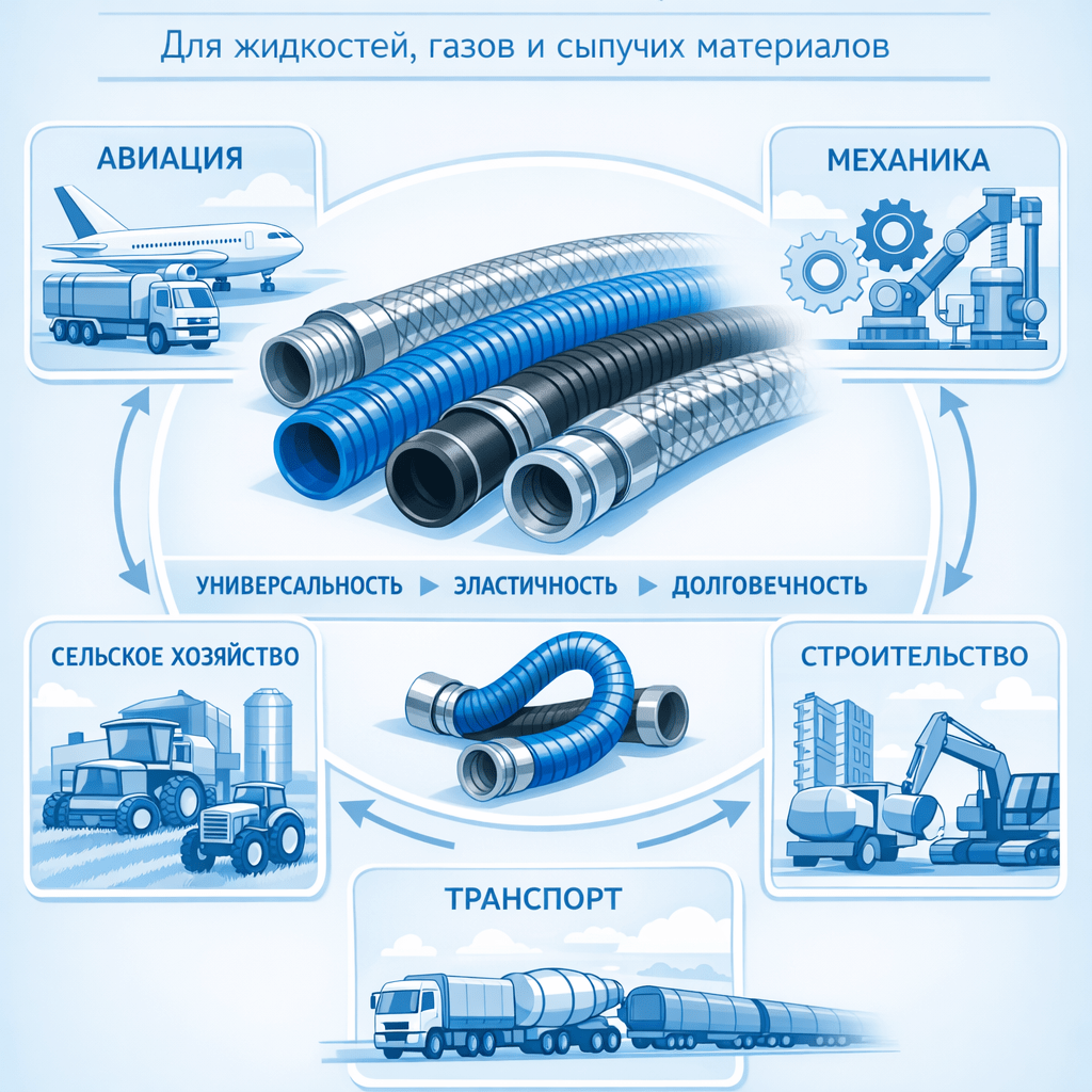 Flexible pipeline products for transporting liquids, gases, and bulk materials. Application: aviation, mechanical engineering, agriculture, construction, transportation, etc. Features: versatility, elasticity, and durability. НАРИСУЙ СХЕМУ НА РУССКОМ ЯЗЫКЕ БЕЗ ОРФОГРАФИЧЕСКИХ ОШИБОК И В СВЕТЛО-ГОЛУБОМ СТИЛЕ