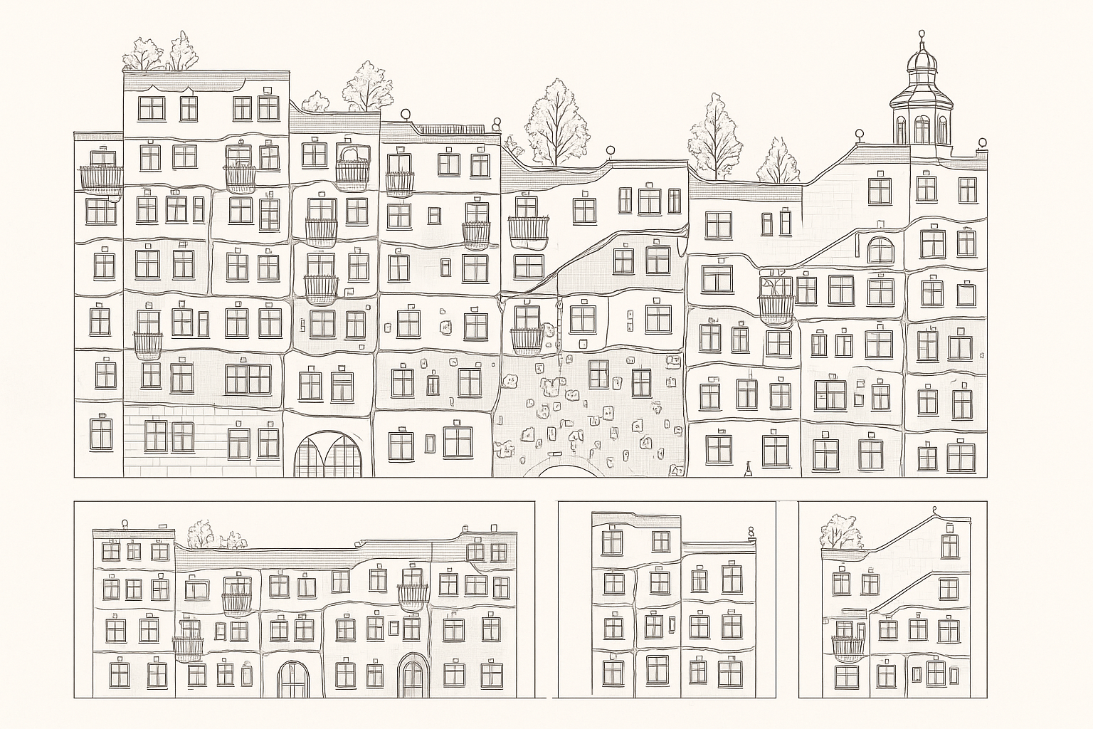 Engineering drawing of all the facades of the Hundertwasser house in Vienna, preserving the scale and accuracy of the actual building