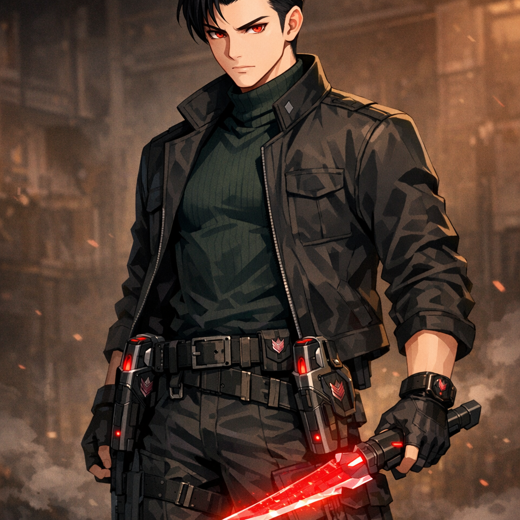 Трансформеры 2001 года. Скурдж - молодой заместитель Глаьватрона в части десептиконов, 21 год.  Волосы: Чёрные как вороново крыло, уложенные в стильную британку – короткие по бокам и затылку, более длинные и аккуратно уложенные наверху, с чётким боковым пробором. Прическа создаёт образ классической мужской элегантности с современным твистом.
• Глаза: Насыщенного рубинового цвета, яркие и выразительные. Взгляд проницательный, часто серьёзный, способный как устрашить противника, так и выразить непоколебимую верность своим соратникам.
• Лицо: Чёткие, мужественные черты с выраженными скулами и сильной линией подбородка. Несмотря на молодой возраст, лицо выражает зрелость и серьёзность, с редкими, но искренними улыбками.
• Особенности: Нет явных шрамов или отличительных меток, что свидетельствует о его превосходных боевых навыках – он умеет избегать ранений, оставаясь эффективным в бою.
• Выражение лица: Обычно сосредоточенное и невозмутимое, с характерной военной сдержанностью.  Высокий (около 175-178 см), с атлетическим, крепким телосложением, но без излишней массивности.
• Широкие плечи и хорошо развитая мускулатура говорят о силе и боевой подготовке.
• Движения чёткие, экономные, с военной точностью и грацией опытного бойца. • Верхняя одежда: Элегантный жакет темного оттенка (чёрный или тёмно-серый) с минималистичным дизайном и сдержанными деталями, подчёркивающими военный стиль.
• Под жакетом: Тёмно-изумрудная водолазка из прочного материала, плотно облегающая торс, с высоким воротом, полностью закрывающим шею.
• Брюки: Тёмные штаны карго свободного кроя с множеством функциональных карманов и усиленными вставками на коленях.
• Обувь: Высокие кожаные сапоги чёрного цвета, сочетающие элегантный дизайн с практичностью и прочностью военной обуви. Вероятно, со скрытыми усилениями в подошве и носке.
• Пояс: Широкий тактический пояс с различными креплениями и двумя кобурами по бокам для плазменных пистолетов. • Основное: Пара идентичных плазменных пистолетов в кобурах на поясе. Оружие имеет сдержанный, но футуристический дизайн с элементами десептиконской символики и рубиновыми акцентами.
• Дополнительное: Компактная рукоять, закреплённая на поясе или в специальном креплении на бедре. При активации из неё выдвигается впечатляющее кибернетическое лезвие рубинового цвета, создающее как режущее, так и энергетическое воздействие.
• Возможно дополнительное скрытое оружие в сапогах или рукавах. • Минималистичные тактические часы на левом запястье.