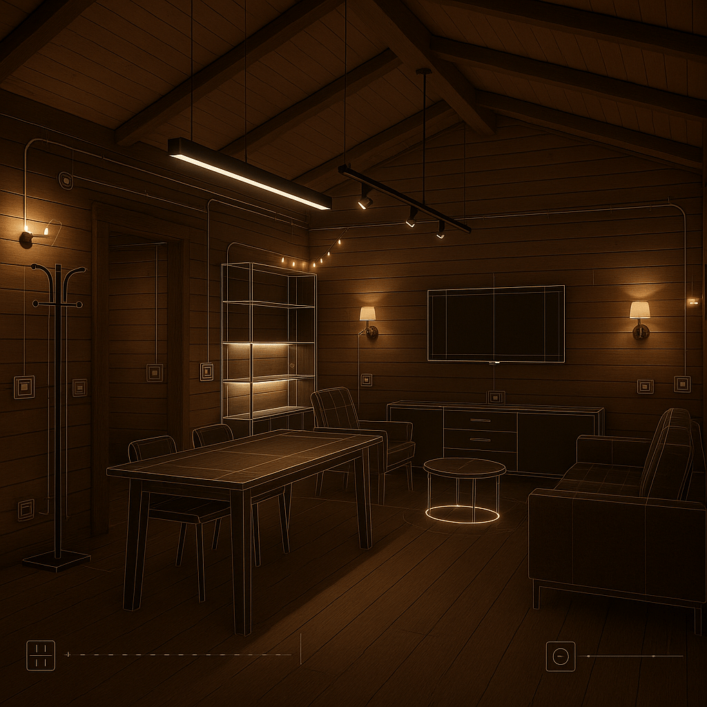 ### Task for 3D Visualization: Gazebo Electrical & Lighting Plan  
**Based on Revised Furniture Layout**  

---

#### **I. Furniture Placement & Dimensions**  
1. **Entrance Zone**  
   - Black loft-style coat rack:  
     - Left of entrance (front wall)  
     - Dimensions: Standard freestanding unit (approx. 40x40cm base)  

2. **Dining Table**  
   - Positioned 1m from back wall, centered opposite entrance  
   - Dimensions: 3.5m (L) × 1m (W)  
   - Style: Wood tabletop, black legs  

3. **Storage & Media Zone**  
   - **Open shelving unit**:  
     - Back-left corner, flush with back wall  
     - Dimensions: Floor-to-ceiling (approx. 2.3m H × 1m W)  
   - **TV wall mount**:  
     - Centered on right solid wall (4m side)  
     - Height: 1.5m from floor (center of screen)  
   - **Chests of drawers**:  
     - Below TV, spanning entire wall width  
     - Configuration: 3 units (side units with doors, center with drawers)  

4. **Lounge Zone**  
   - **Sofa**:  
     - Against right wall, adjacent to chests  
     - Length: 2m  
   - **Armchairs** (×2):  
     - Opposite sofa, facing TV  
     - Distance from sofa: 2.2m (clearance for coffee table)  
   - **Coffee table**:  
     - Round, centered between sofa/armchairs  
     - Diameter: 80-100cm  

---

#### **II. Electrical & Lighting Plan**  
**Key Heights:**  
- Outlets: 30-40cm (baseboard) / 90-110cm (user level)  
- Switches: 90cm from floor  
- All components IP44+ rated  

##### **A. Outlet Placement**  
| **Location**              | **Qty** | **Height** | **Purpose**                              |  
|---------------------------|---------|------------|------------------------------------------|  
| **Back wall**             |         |            |                                          |  
| └ Left of shelving unit   | 2-gang  | 110cm      | Shelving appliances (samovar, etc.)      |  
| └ Right of table center   | 2-gang  | 40cm       | Table appliances (hidden)                |  
| **Right wall**            |         |            |                                          |  
| └ Behind TV               | 3-gang  | 140cm      | TV power + LAN + antenna                 |  
| └ Above chests            | 2-gang  | 110cm      | Media devices (soundbar, console)        |  
| └ Sofa left end           | 2-gang  | 40cm       | Floor lamp / device charging             |  
| **Front wall**            |         |            |                                          |  
| └ Left of entrance        | 1-gang  | 110cm      | Coat rack lighting / phone charging      |  

##### **B. Switch Placement**  
| **Switch Type**         | **Location**                     | **Control Zone**               |  
|-------------------------|----------------------------------|--------------------------------|  
| Main lighting           | Right of entrance (front wall)   | General ceiling lights         |  
| Lounge ambiance         | Right wall, near sofa arm        | Lounge sconces/floor lamps     |  
| Decorative lighting     | Back wall, near shelving unit    | Shelf LEDs / table accent      |  

##### **C. Lighting Scheme**  
1. **General Lighting**  
   - (2) Linear LED pendants along roof ridge  
   - Warm white (2700K), loft-style black metal housings  

2. **Task Lighting**  
   - **Table**: Directional track lights mounted on beams  
     - Distance from table edge: 60cm overhead  
   - **Shelving**: LED strip lights under shelves  

3. **Ambient Lighting**  
   - **Lounge**:  
     - (2) Wall sconces above sofa (height: 1.8m)  
     - (1) Floor lamp between armchairs  
   - **Entrance**:  
     - Mini spotlight above coat rack  

4. **Decorative Lighting**  
   - Fairy lights along roof beams  
   - Coffee table integrated LED (bottom glow)  

---

#### **III. Visual Reference (Top View)**  
```
Front (open above 1m)
+-----------------------------------------+
| [Дверь]        | Вешалка               | 
|                | (черная)              | ← Entrance
|----------------+-----------------------|
|                |                       |
|                |                       |
|                |                       |
|                |                       |
| Стол           |                       | ← Table 1m from back wall
| (3.5x1)        |                       |
|                |                       |
|                |                       |
|                |                       |
| Стеллаж        |                       | ← Shelving (back-left)
|                |  Диван                |
|                |  (2м)   | ТВ          | ← Sofa + TV wall
|                |         | Комоды      | ← Chests below TV
|                |         |             |
|                |         |             |
|                | Кресла  |             | ← Armchairs
|                | ○ ○     |             |
|                |  ▢      |             | ← Coffee table
+-----------------------------------------+
 ← Back solid wall (7m)     Right solid wall (4m)
```

---

#### **IV. Key Implementation Notes**  
1. **Cable Management**  
   - TV wires concealed in wall conduit to chests  
   - Floor outlets under sofa routed through crawl space  

2. **Material Consistency**  
   - All fixtures: Black metal (wenge accent)  
   - Wood elements: Light oil finish (walls/ceiling) + light beige floor  

3. **Safety Compliance**  
   - GFCI outlets in all baseboard locations  
   - 50cm clearance between BBQ appliances and outlets (if added later)  

4. **Render Requirements**  
   - Night-mode visualization showing layered lighting  
   - Close-up shots of TV wall and table zones  
   - Wireframe overlay for electrical paths  

> ⚠️ **Critical Measurements**  
> - TV to sofa distance: 2.8-3.2m (optimal viewing)  
> - Outlet behind TV: 10cm below screen center  
> - Pendant lights: Minimum 2.1m clearance from floor