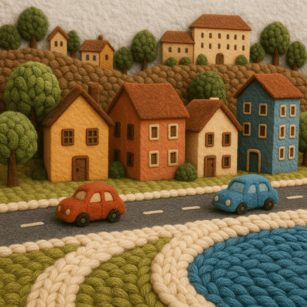 Использовать загруженное фото города как основу и превратить сцену в уютную текстильную диораму из толстой пряжи и фетра