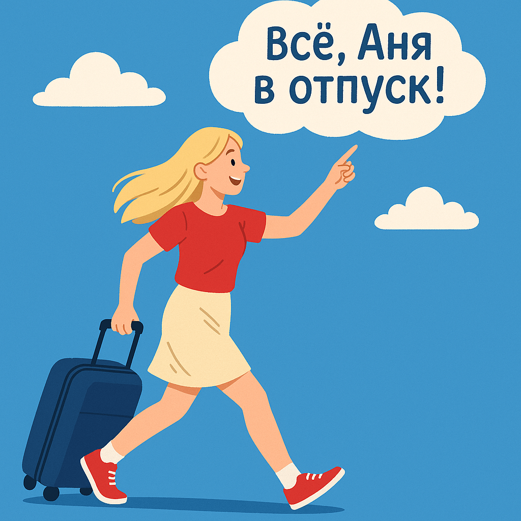 Девушка , блондинка 1 метр 70 рост с большим чемоданом спешит в отпуск. Она идет быстрым шагом, подняла левую руку и указывает пальцем на облако, где написано: «все, Аня в отпуск!». Девушка , блондинка 1 метр 70 рост с большим чемоданом спешит в отпуск. Она идет быстрым шагом, подняла левую руку и указывает пальцем на облако, где написано: «все, Аня в отпуск!».