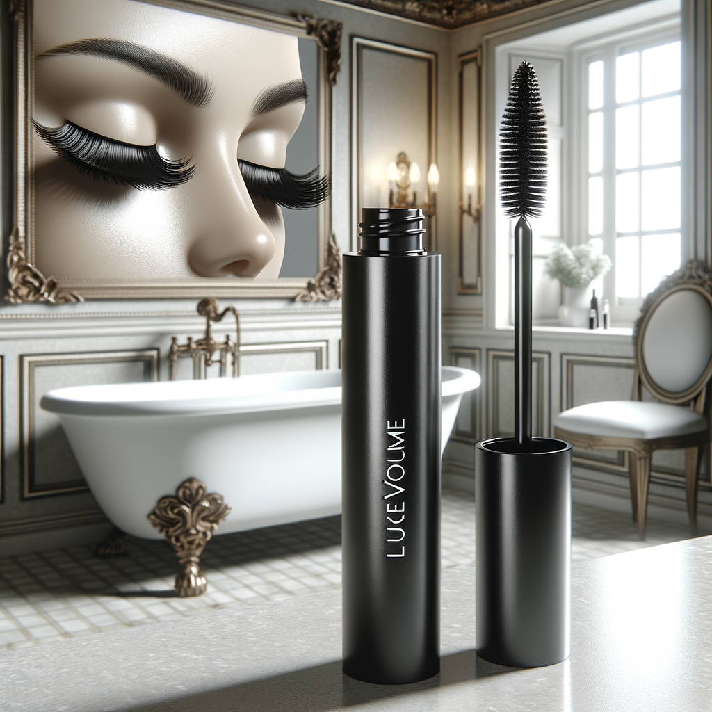 Создать реалистичное изображение черной туши для объема ресниц LuxeVolume на фоне элегантной ванной комнаты с раскрытой крышкой и видимым эффектом на ресницах манекена.