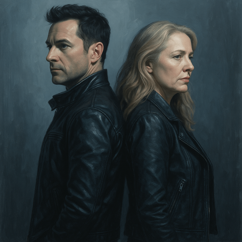 David Haydn-Jones as Arthur Ketch and Samantha Smith as Mary Winchester are standing in leather jackets with their backs to each other.