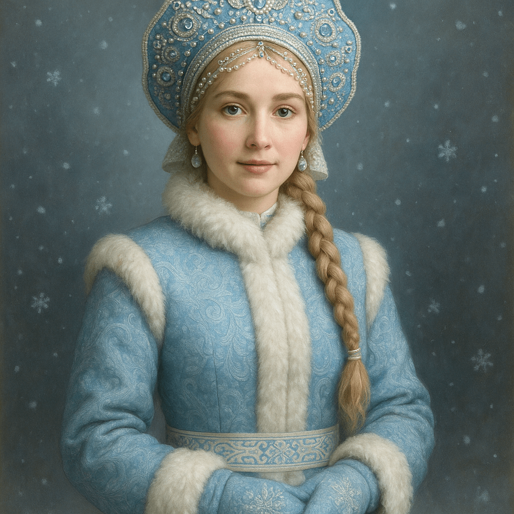 На этом портрете добавь традиционный костюм Снегурочки: длинную белую или голубую шубу с меховой отделкой, кокошник с жемчугом и кристаллами, варежки, пояс с орнаментом. Сохраняй позу и выражение лица, добавь лёгкий зимний антураж (снежинки, морозный воздух) на фоне. Реалистичный стиль, высокое разрешение, детализированные текстуры ткани и украшений