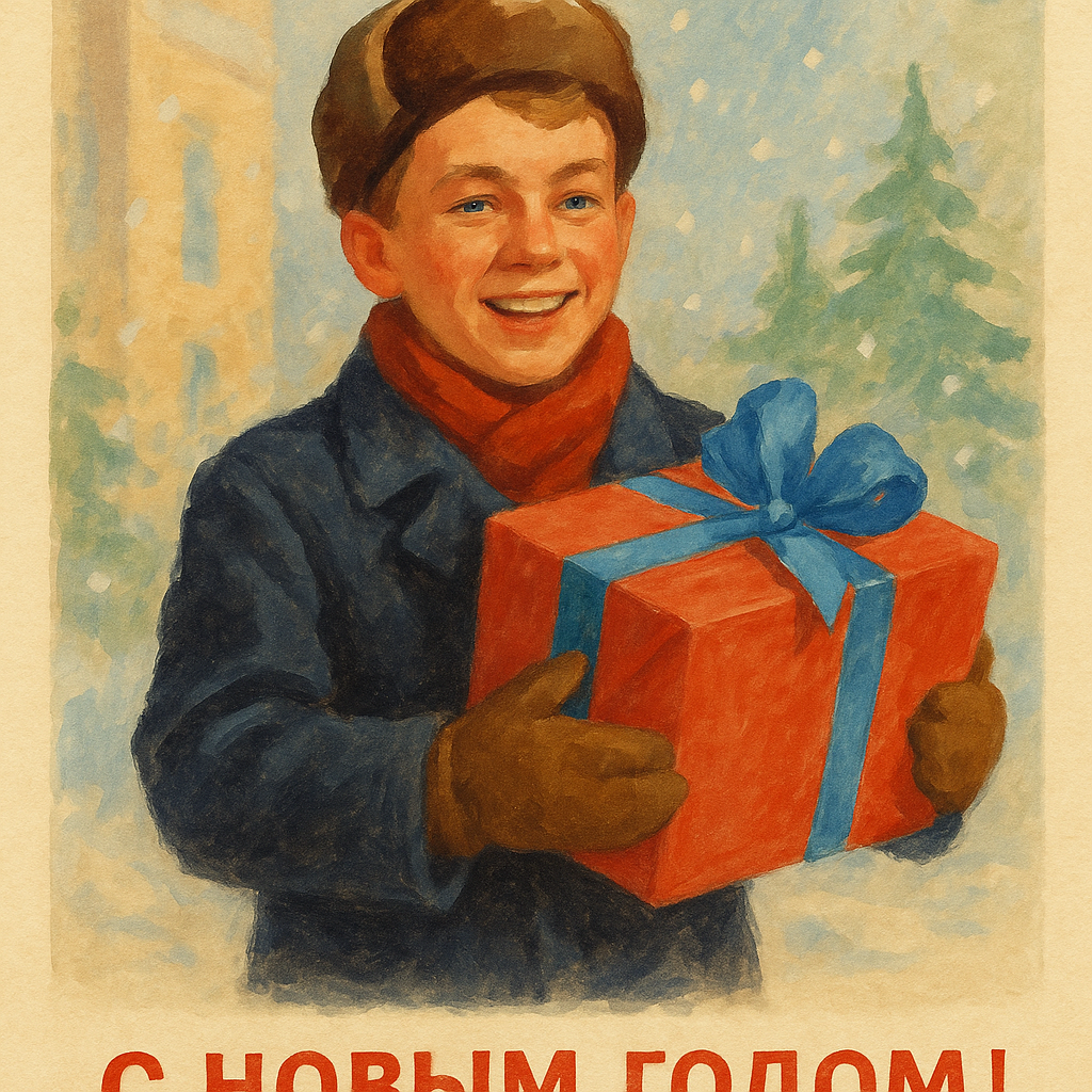 Используй персонажа и сюжет с прикрепленного фото. Сохрани точные черты лица, возраст, мимику, позу и композицию кадра. Ничего не придумывай.

Перерисуй сцену в стиле советской новогодней открытки 1950–1970-х: гуашь/акварель на бумаге, мягкие мазки, упрощенные формы, легкая офсетная зернистость, чуть выцветшие краски, кремовые поля и легкое пожелтение бумаги. Без фотореализма и без современной цифровой иллюстрации.

Добавь чуть больше “воздуха” вокруг персонажа, как у открытки. Фон — мягко продолжает фон фото (интерьер/улица), можно легкий снег мазками/точками. Оставь место под «С НОВЫМ ГОДОМ!» кириллицей.